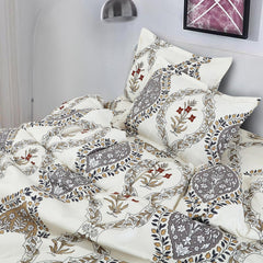 Cotton Elastic Fitted Printed Queen Size Double Bed Bedsheet With 2 Pillow Cover | 60 X 78 Inches, Cream - Soft Touch, Wrinkle Resistant, Skin Friendly
