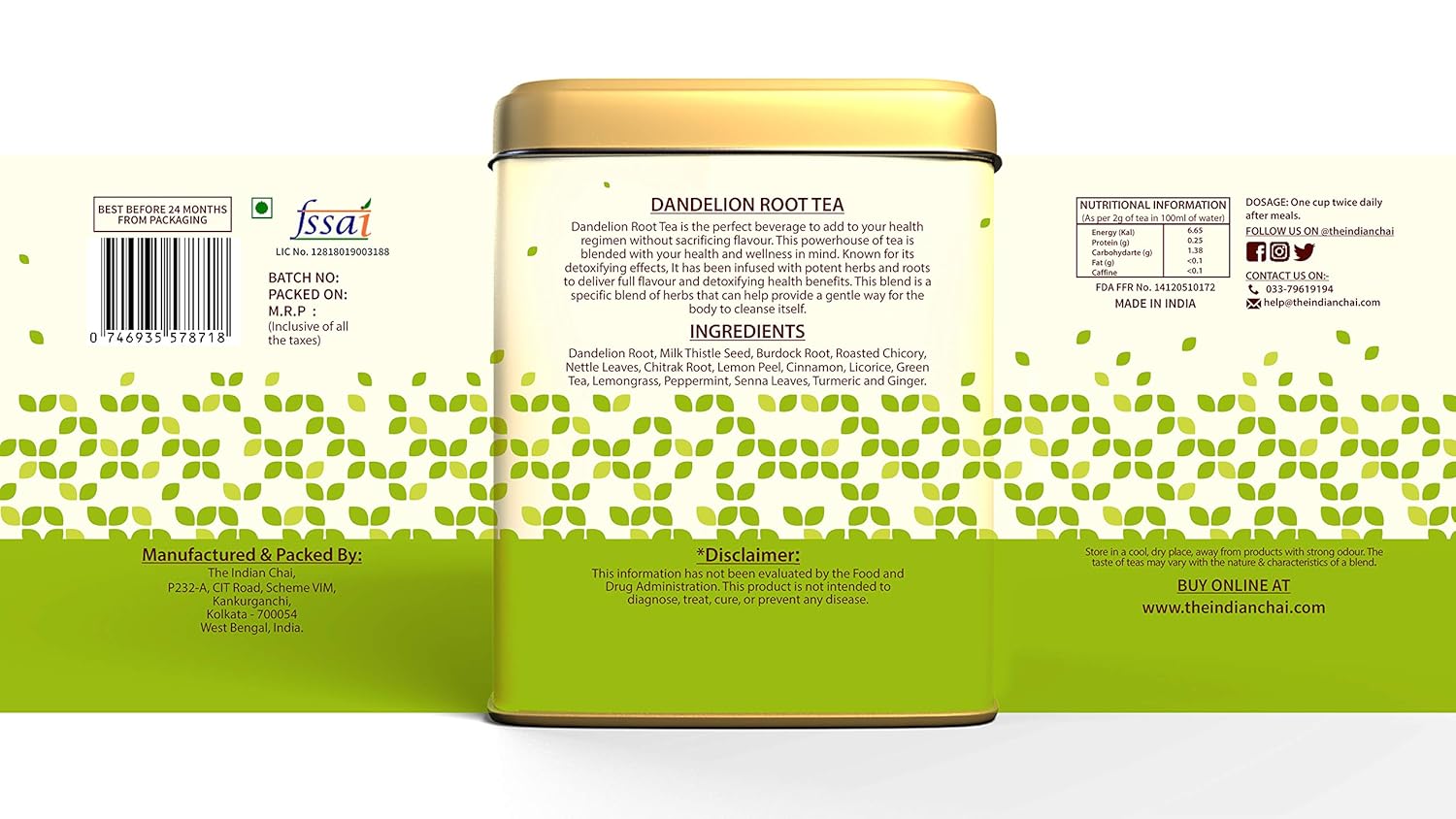 The Indian Chai Dandelion Root Tea For Detox - 100gm Tin, 3.5 Ounce | Improves Kidney Function & Digestive Health - Caffeine Free Super-Herb Loose Leaves