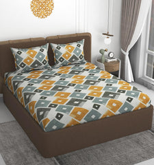 1 Double Bedsheet With 2 Pillow Covers Size 60 X 78 X 8 Inches, Grey & Yellow | Cotton Feel All Around Elastic Fitted - Queen Size Bedsheets, Super Soft