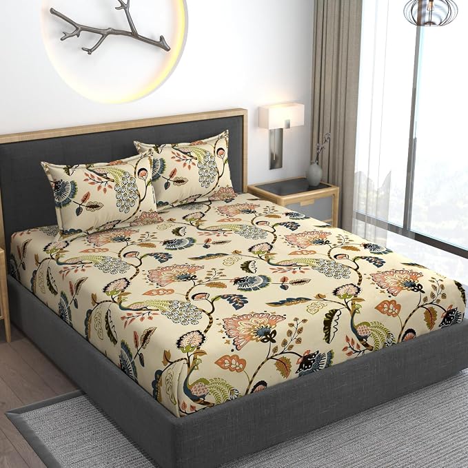 Feel Glace Cotton Bedsheets Elastic Fitted Printed King Size Double Bedsheet With 2 Pillow Covers - 72x78x10 Inches, Beige | Premium Feel Cotton Bedsheets