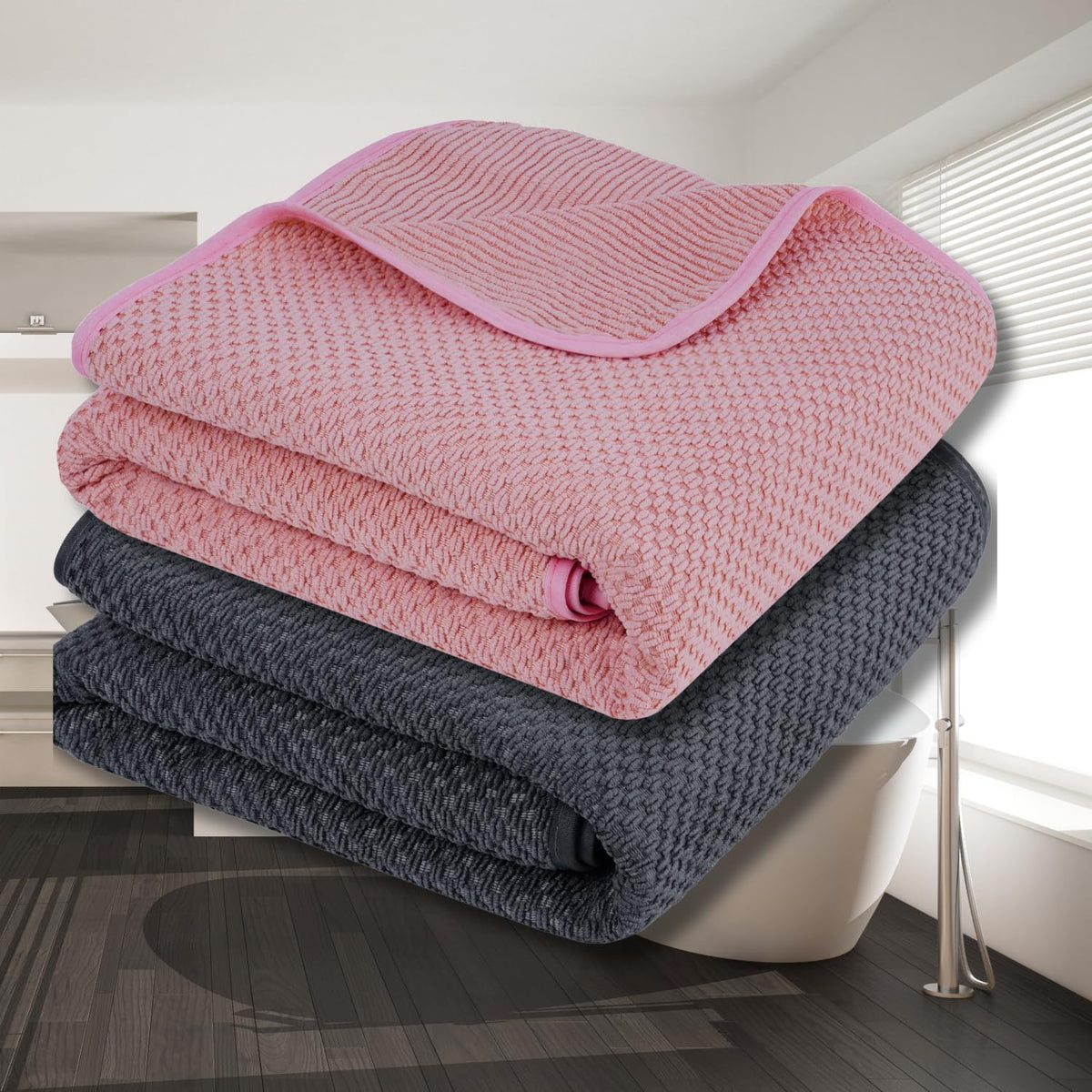 Fezora Microfiber Contler Bath Towels 700 Gsm | Large Size Bath Towel Soft & Absorbent Bath Towel For Men & Women (Light Pink & Dark Grey)- Pack Of 2