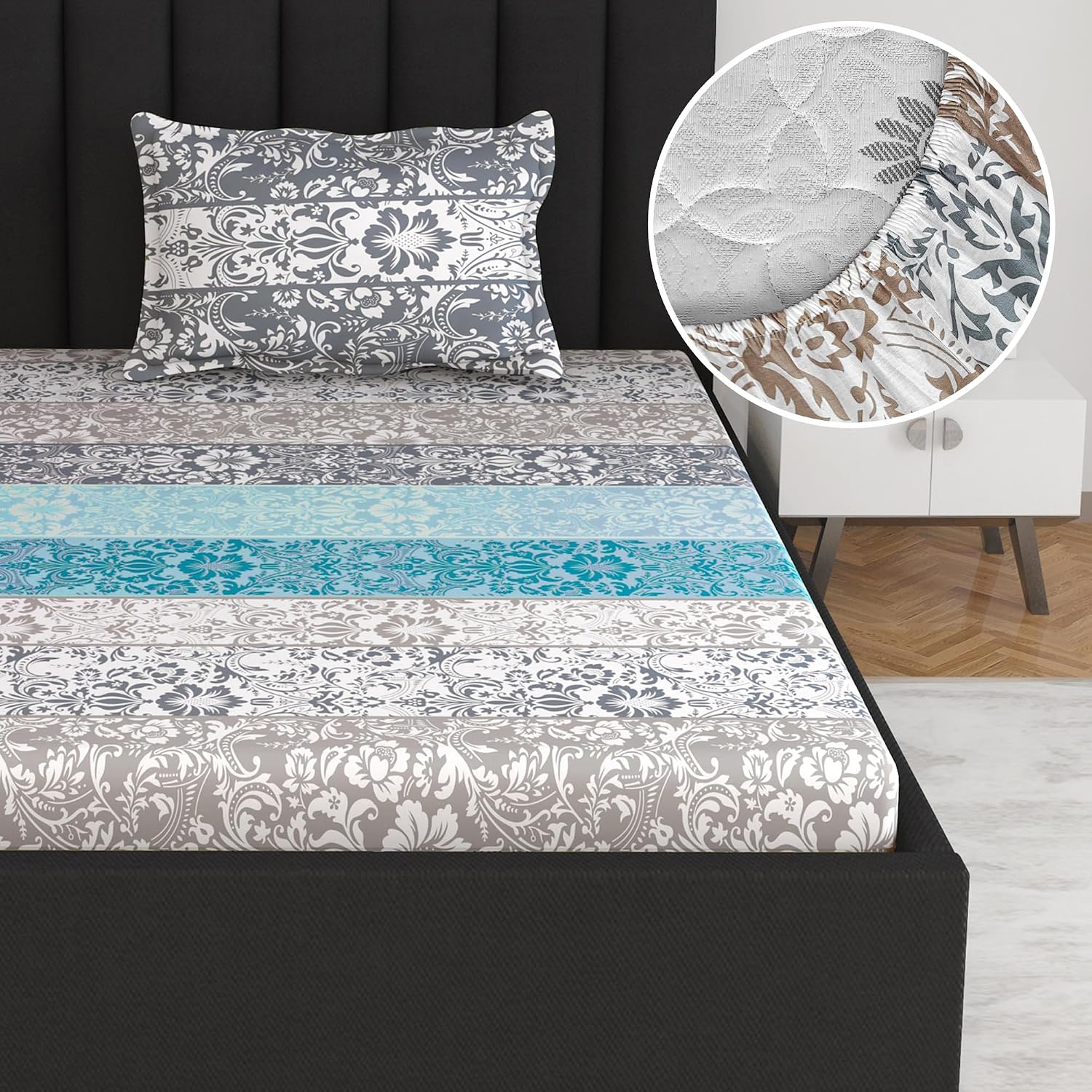 Super Soft Single Fitted Bedsheet With 1 Pillow Cover | 57 X 78 + 6 Inches, Grey & Sky Blue - Perfect For Use In Bedrooms, Guest Rooms, Dormitories