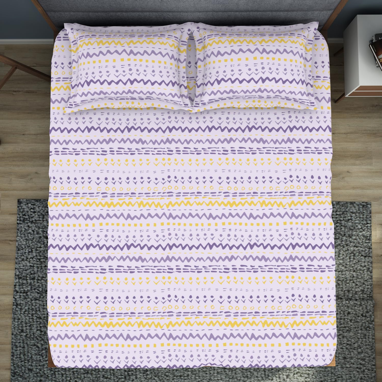 King Size 1 Double Bedsheet With 2 Pillow Covers - Size 108 X 108 Inches, Light Violet & Yellow | Soft Feel Wrinkle Resistance | Durability & Comfort, Breathable
