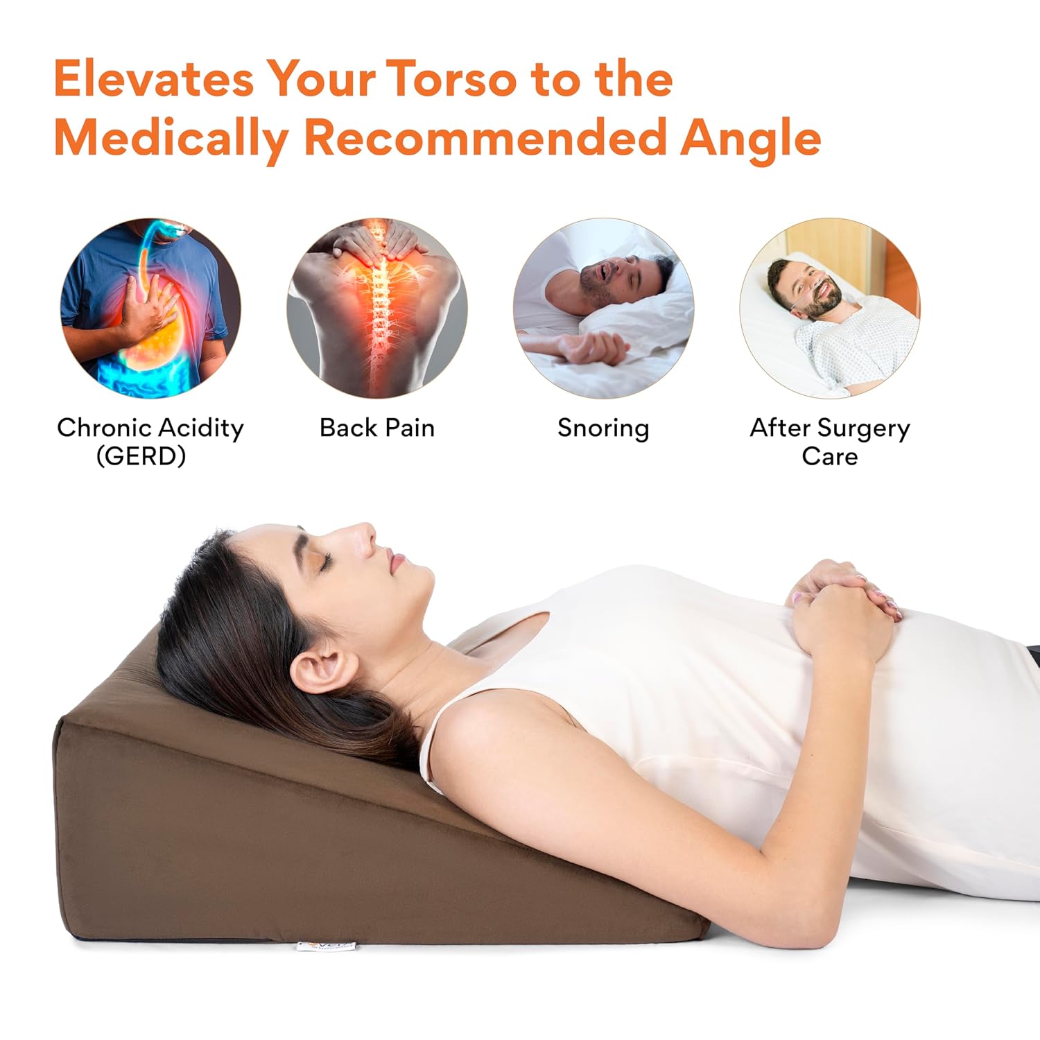 Wedge Pillow Memory Foam For Back Support, Velvet Brown, Medium Size - 7 Inch | Wedge Cushion, Acid Reflux, Snoring, Gerd, Leg Elevation, Pregnancy | Removable Cover, Multipurpose Pillow