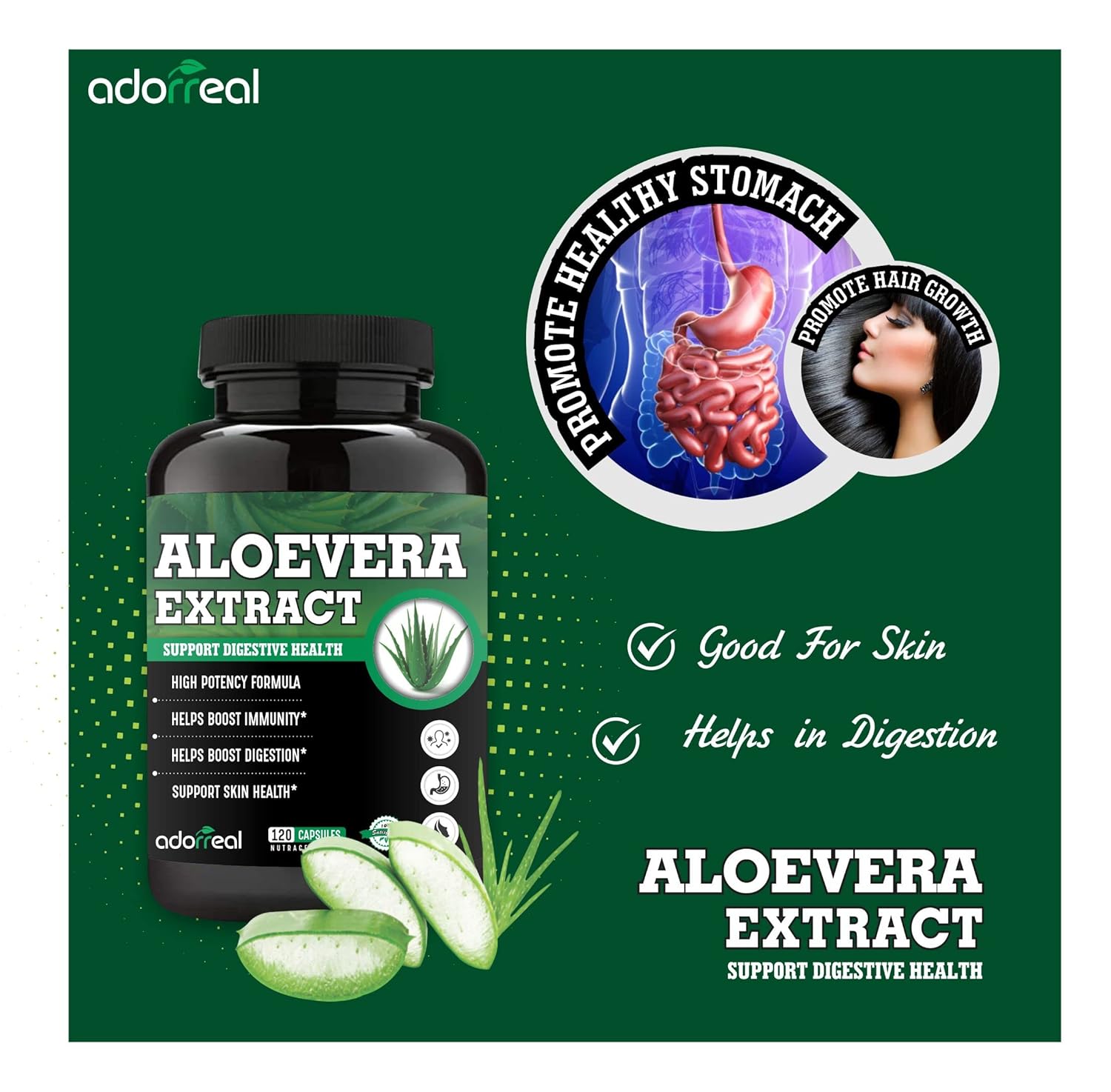 Adorreal Aloevera Extract Capsules, Weight Management, Boosts Digestion, Skin Health Support, Antioxidant Properties, Immunity Booster | 60 Capsules, 100gm 0.2lbs Each Pack Of 2