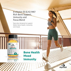 Alpinista Vitamin D3 + K2 Mk7 Menaquinone Supplement , Bone Health & Immune Support | Promotes Calcium Absorption, Muscle Strength , For Men And Women | 60 Capsules , 100gm 0.2lbs