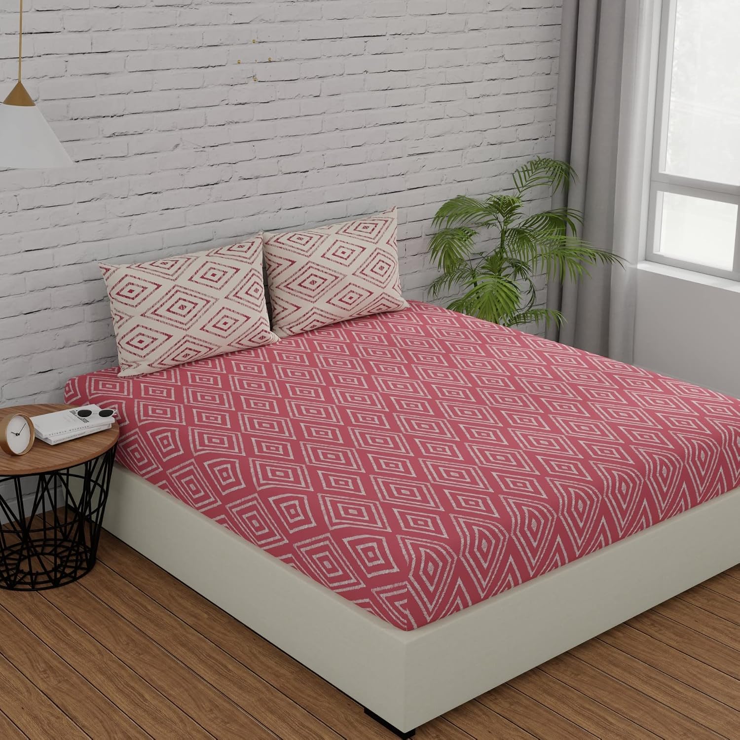 100% Pure Cotton Bedsheet For King Size With 2 Pillow Covers - 72 X 78 Inches, Peach Pink & White | Breathable Long Lasting Light Weight Wrinkle Free Bedsheet