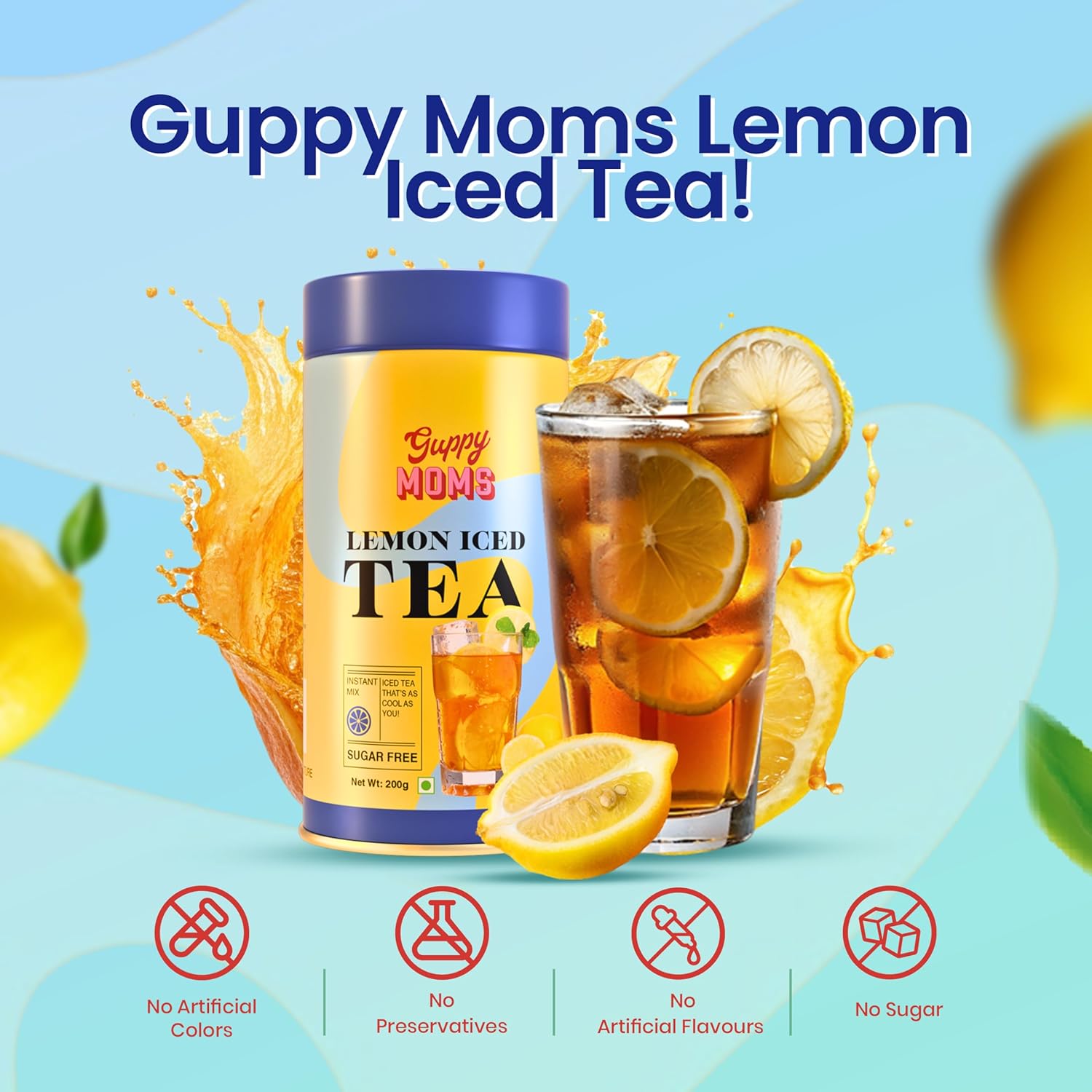 Guppy Moms Lemon Iced Tea Powder - 200gm, 7.05 Ounce | Aromatic, Healthy & Easy To Prepare - Sugar Free & Refreshing Summer Drink | Caffeine Free