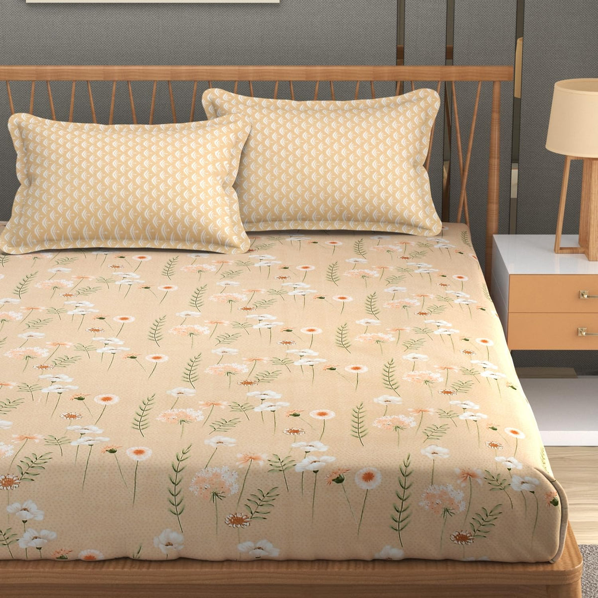 Printed King Size Bedsheet With 2 Pillow Cover - 108 X 108 Inches, Beige | Double Bed Breathable & Wrinkle Free | All-Season Comfort Bedsheet