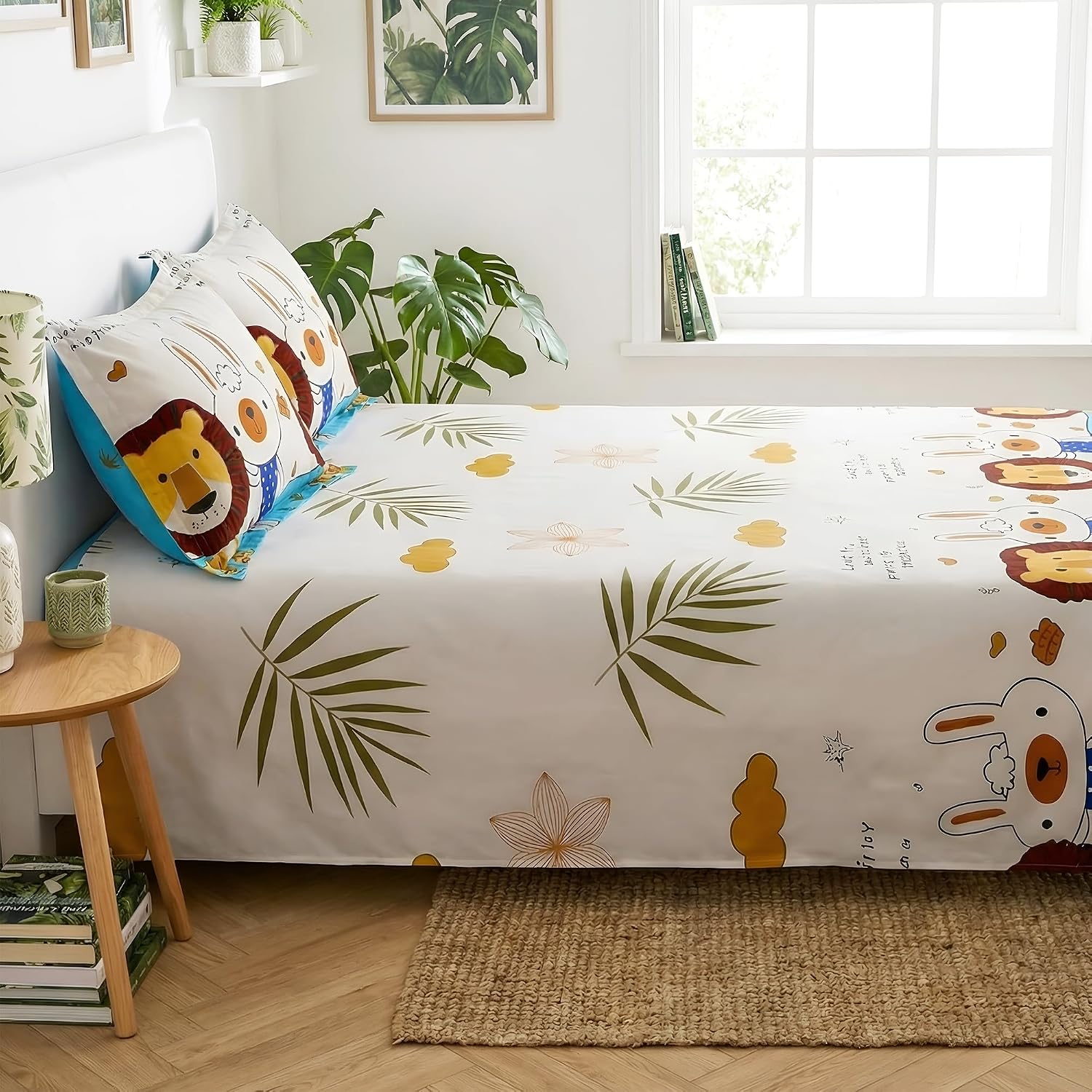 Kids Double Bed Bedsheet Set With 2 Pillow Covers - 88 X 100 Inches, White & Brown | Soft Bedding For Boys & Girls | Cartoon Design