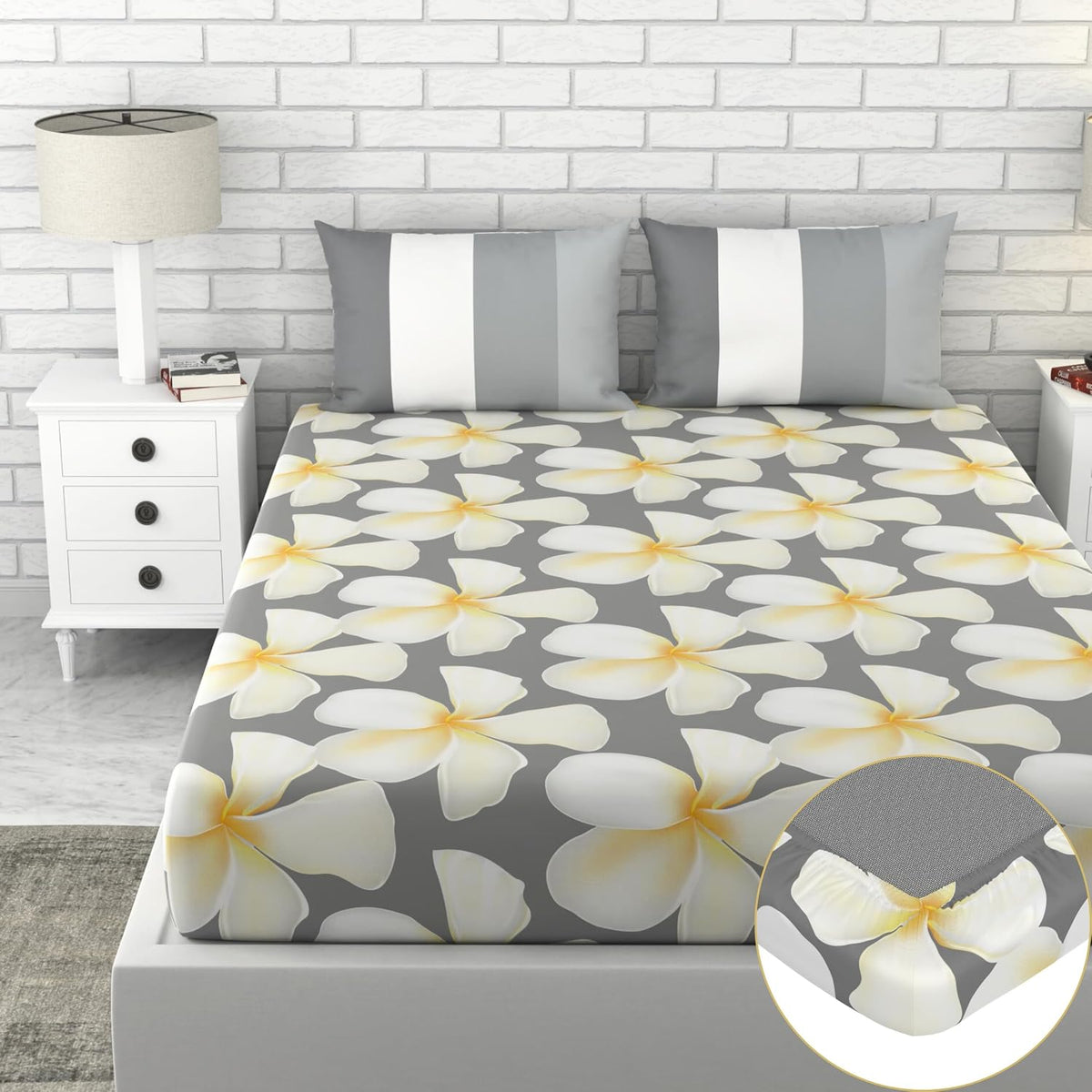 King Size Printed Bedsheet For Double Bed 2 Pillow Cover - 72 X 78 Inches, Grey & White | All Around Elastic Fitted - Ultra Soft & Breathable