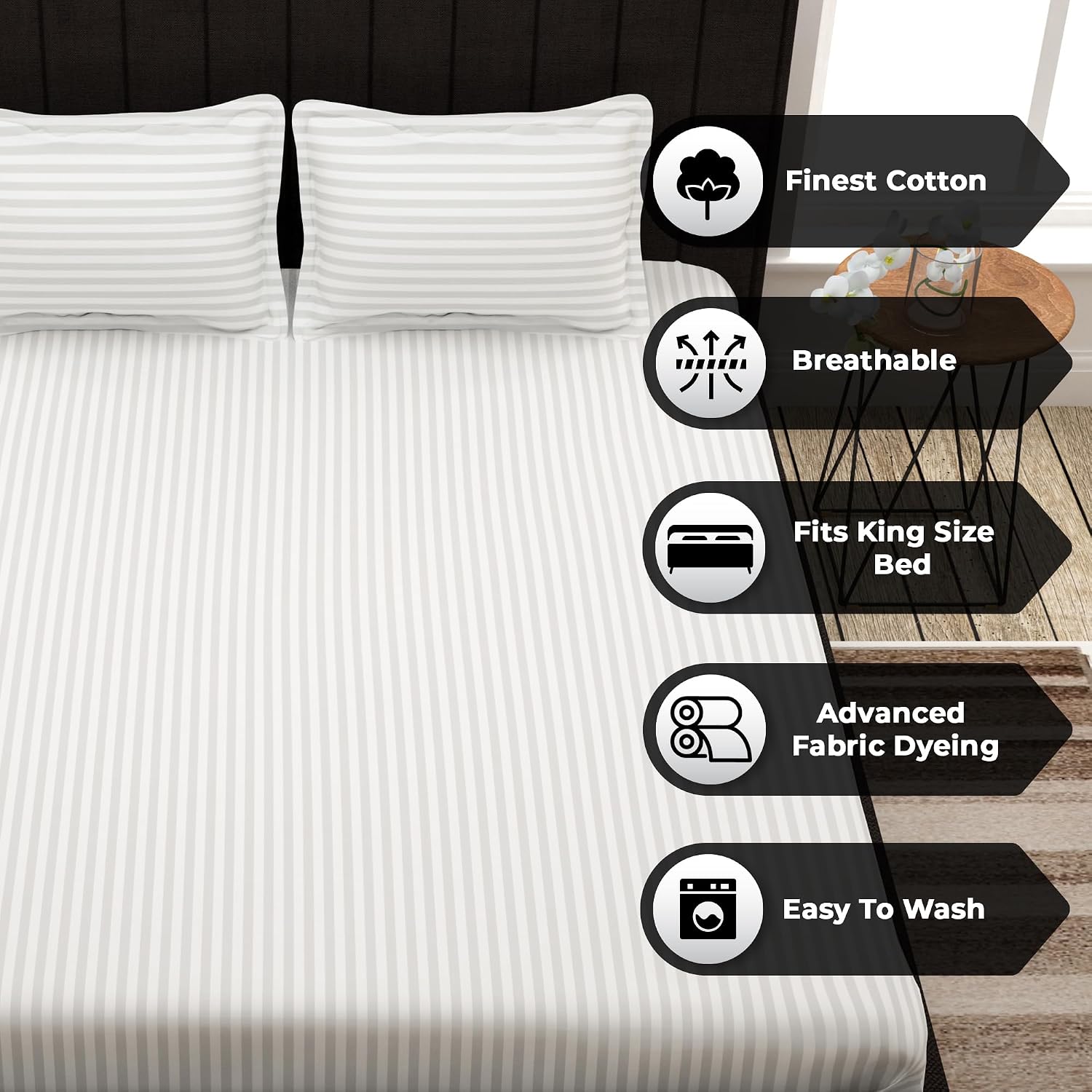 Satin Stripes King Size Cotton Bedsheet With 2 Pillow Covers - 108 X 108 Inches, White | Perfect For Home Decor, Guest House | Ideal For All Seasons