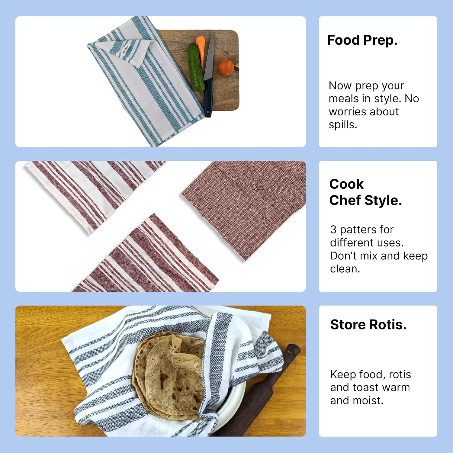 Indihaus Cotton Multi-Purpose Kitchen Hand Towels 370 Gsm | Waffle & Stripes Lunch, Dish Towel (Blue)- Pack Of 6