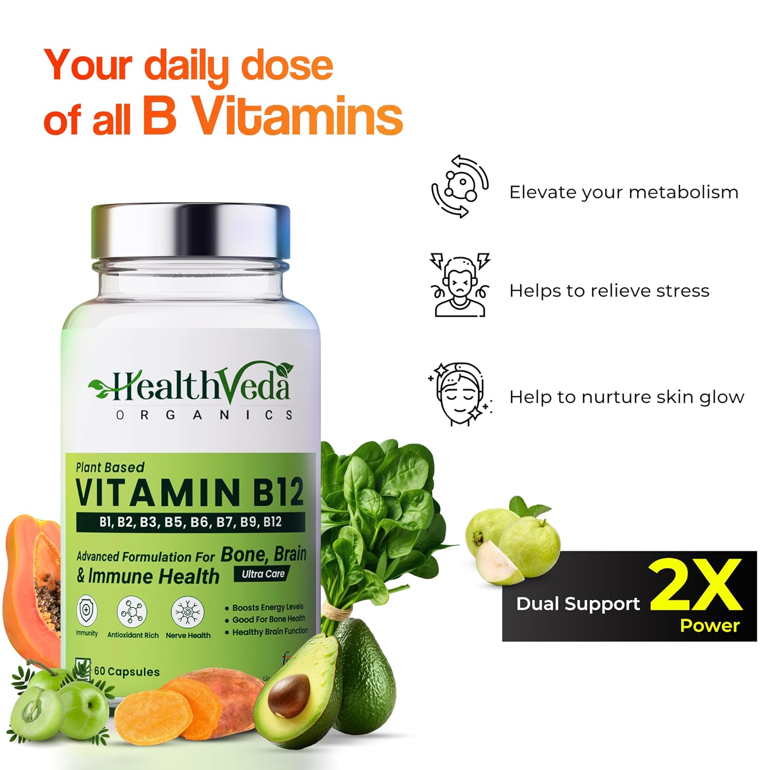 Health Veda Organics Plant Based Vitamin B12 Supplement, B1, B2, B3, B5, B6, B7, B9, Boost Energy Level, Glowing Skin For Men & Women | 60 Veg Capsules , 100gm 0.2lbs