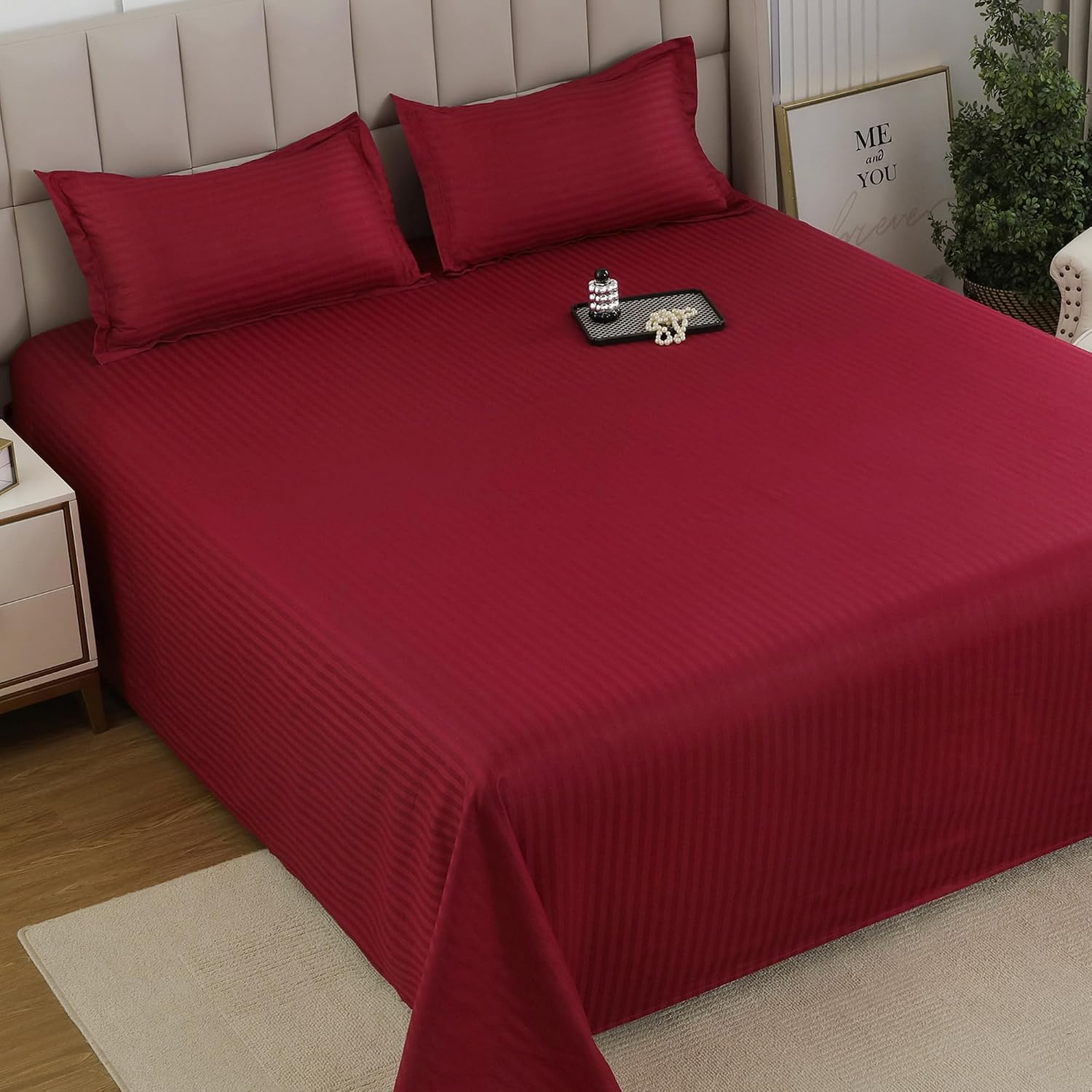 Cotton Satin King Size Bedsheet With 2 Pillow Covers - 108 X 108 Inches, Maroon | Super Soft, Durable & Elegant Solid Design For Bedroom Decor