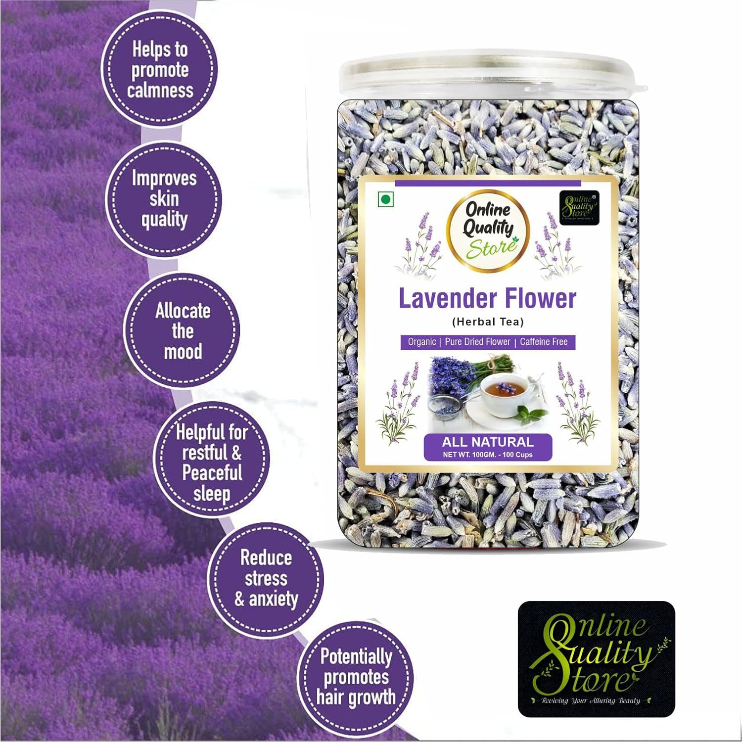Online Quality Store Lavender Flower Herbal Tea - 100gm, 3.5 Ounce, 100 Cups | Organic Pure Dried Flower Iced Tea - Improves Skin Quality | Caffeine Free