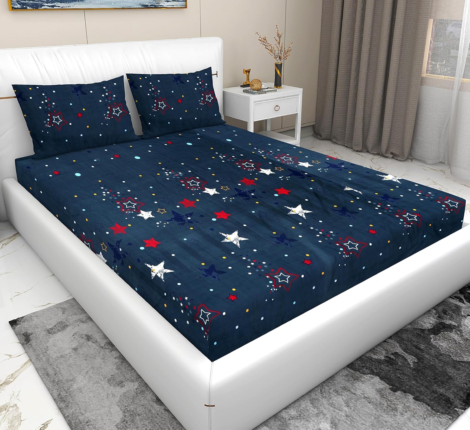 2 Bedsheets For King Size Bed With 4 Pillow Covers - 100 X 108 Inches, Navy Blue & Pink | Ideal For Hotel, House, Guest House