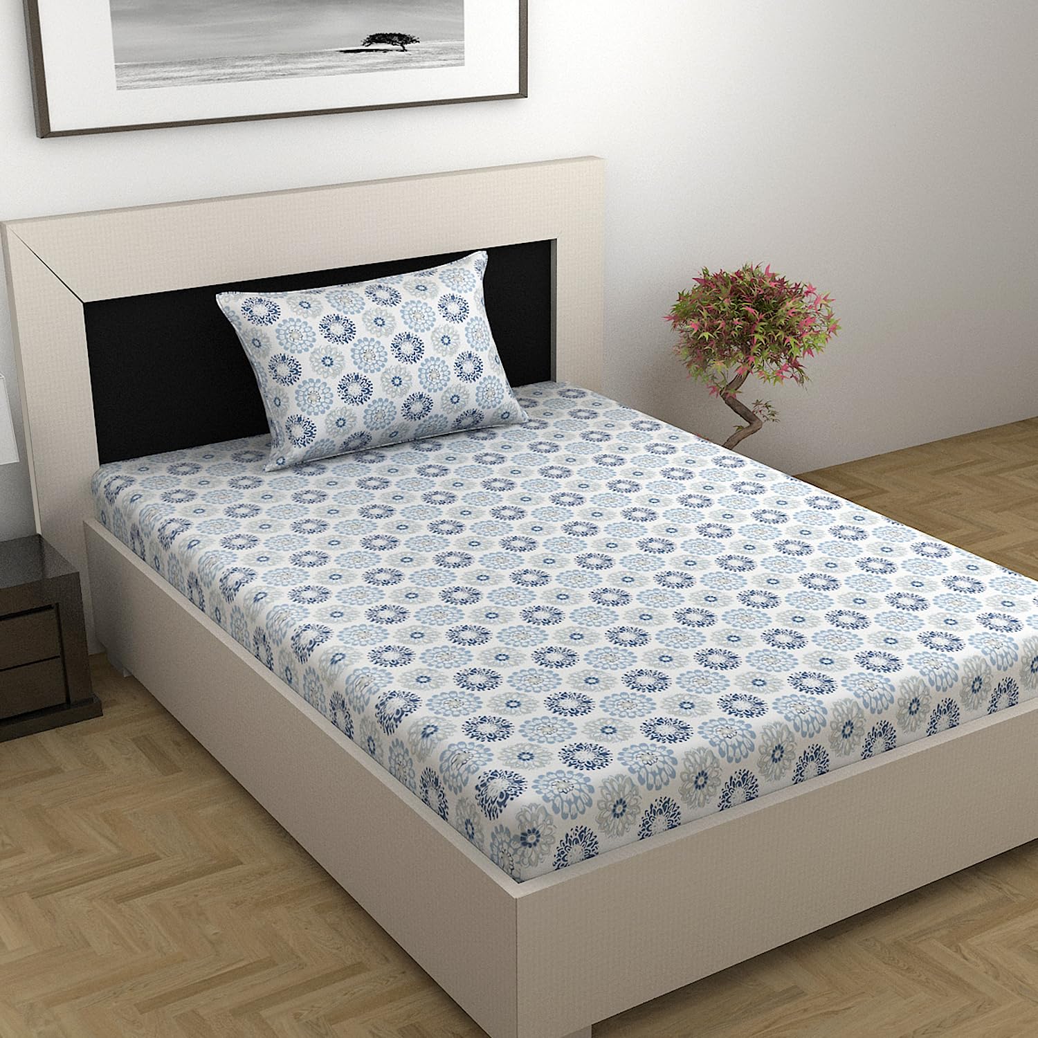 Single Bedsheet With 1 Pillow Cover - 57 X 87 Inches, White & Blue | Designer Printed Bedsheet Set - Naturally Soft, Breathable & Skin Friendly