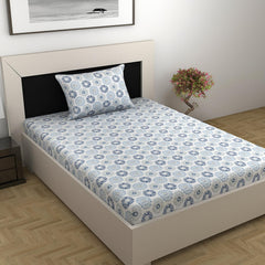 Single Bedsheet With 1 Pillow Cover - 57 X 87 Inches, White & Blue | Designer Printed Bedsheet Set - Naturally Soft, Breathable & Skin Friendly