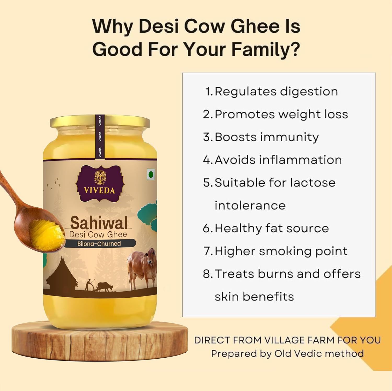 Organic Sahiwal A2 Desi Cow Ghee By Viveda | Pure Bilona Method | Supports Skin, Digestion & Heart Health Pure Desi Ghee | (100ml) 3.3 Ounce | Jar Pack
