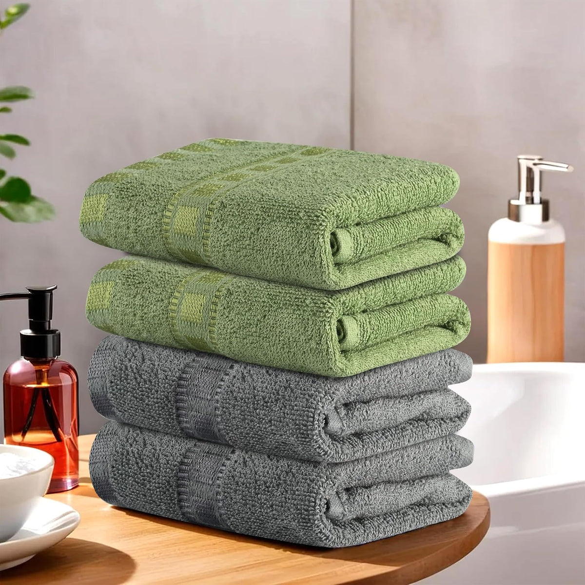 Heart Home Cotton Hand & Face Towels 800 Gsm | For Men & Women Easily Washable Workout Gym Towel - Grey & Green (Pack Of 4)