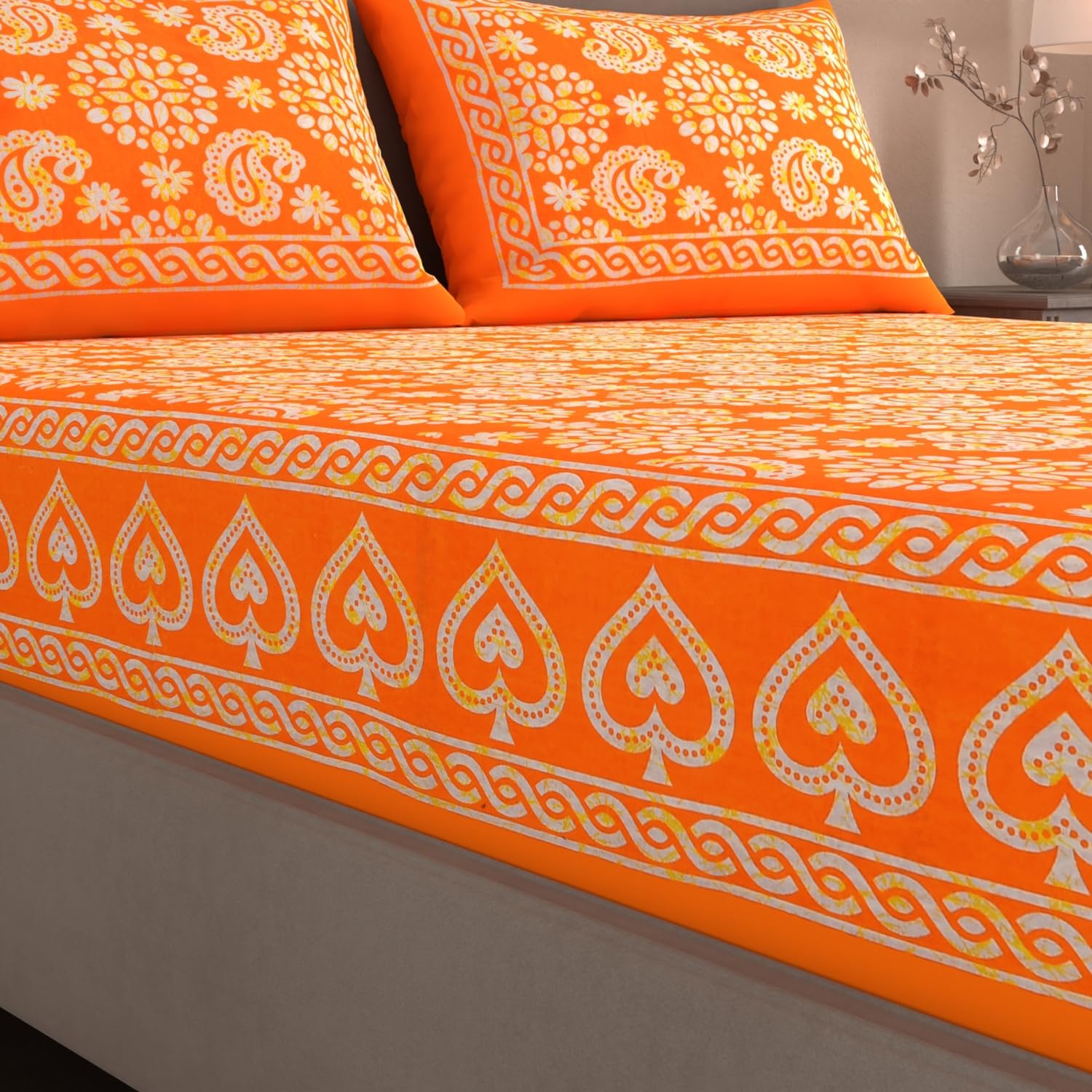 Handloom Printed Double Bedsheet For Queen Size With 2 Matching Pillow Cover | Size 90 X 100 Inches, Orange - Cotton Bedsheets For Double Bed | Soft & Smooth