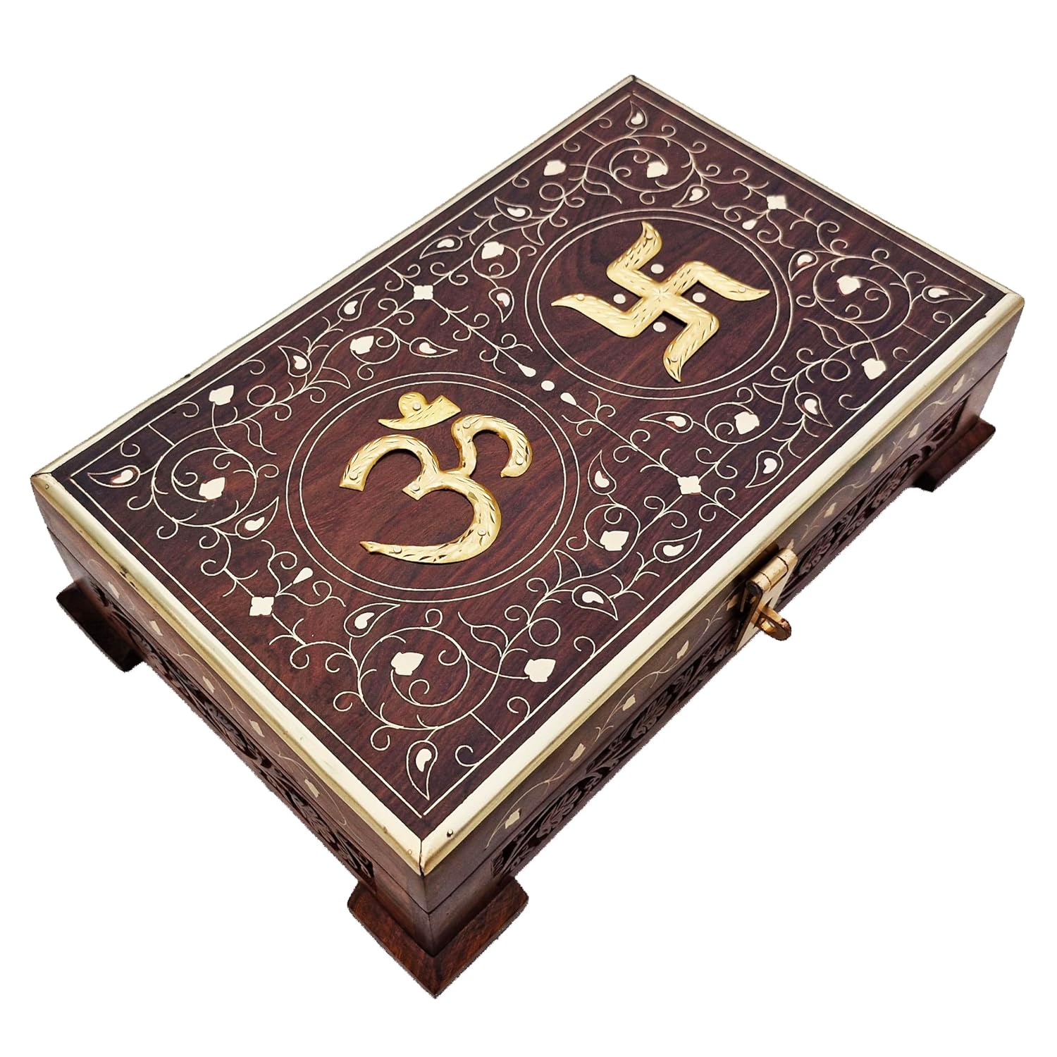 Wooden Om Box For Good Luck Jewellery Box Decorative Case Kit, Vanity, Organiser For Women, Necklaces, Cash, Gold Sparkling Edge Engraved,11 X 7, Colour - Brown, Material - Rosewood