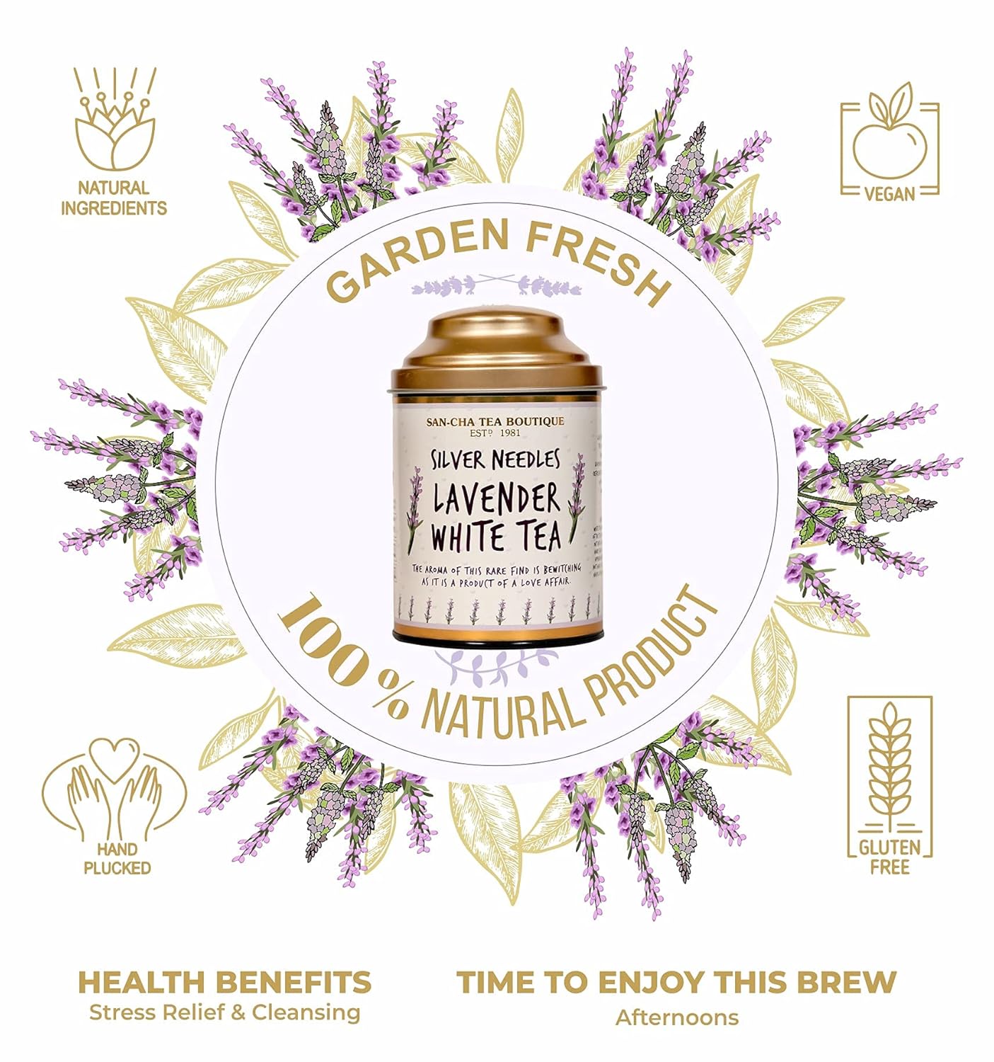 San-Cha Silver Needles Lavender White Tea - 75gm, 2.6 Ounce | Stress Relief & Cleansing, Supports Calmness - Low Caffeine, Richest In Antioxidants