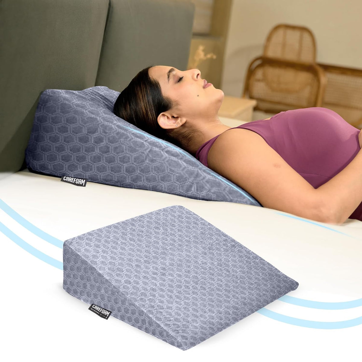 Wedge Pillow Memory Foam For Back Support, Grey Jacquard, Wedge Medium Size - 20 X 20 X 7 Inch | Wedge Cushion Pillow, Acid Reflux, Snoring, Gerd, Leg Elevation, Pregnancy, Washable Cover