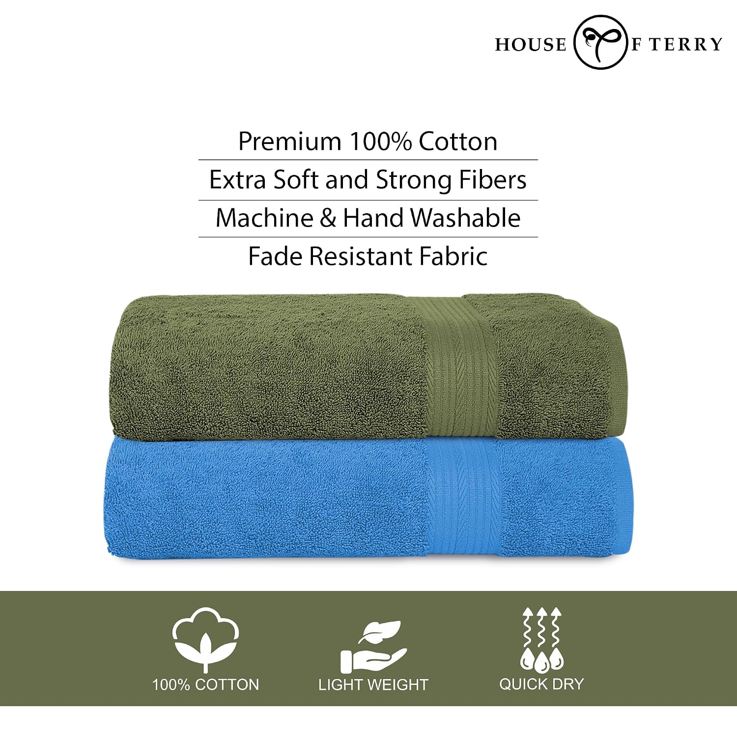House Of Terry 100% Cotton Bath Towel 1000 Gsm | Quick Dry, Soft & Absorbent, Fade-Resistant, Skin-Friendly Large Size Towel (Olive Green & Blue) - Pack Of 2