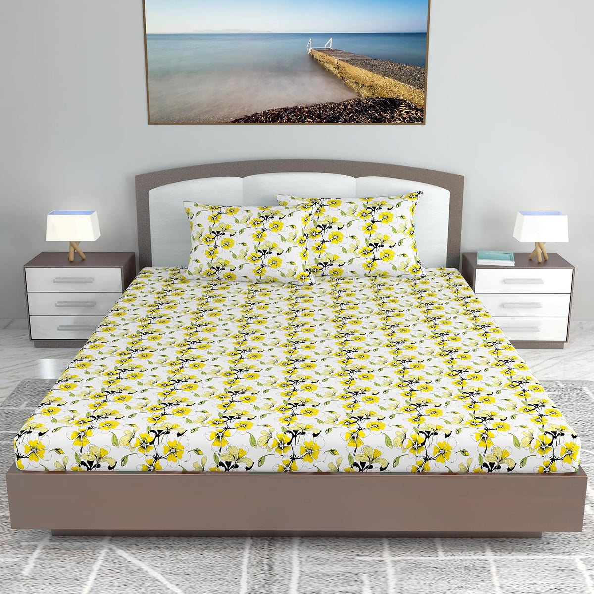 Cotton Extra Double Bedsheet For King Size With 2 Pillow Covers | 108 X 108 Inches, Yellow & White - Ideal For Home, Guest House, Hotel | Soft & Breathable Fabric