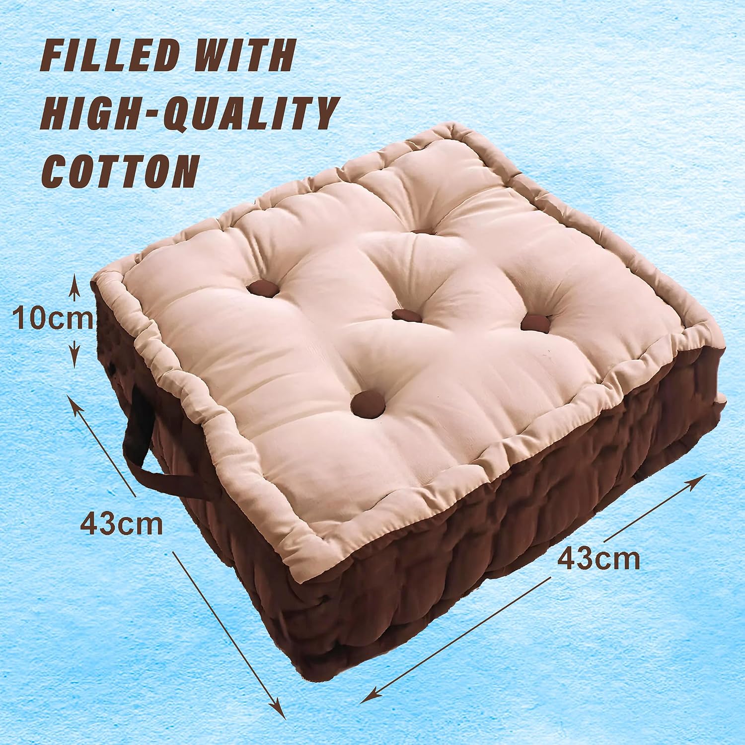 Square Chair Pad, Comfortable Seat Cushion, Soft Cotton Pillow For Seating, Beige & Brown | For Meditation, Yoga, Living Room | Furniture Cushion, Washable - 1 Piece Cotton Chair Pad