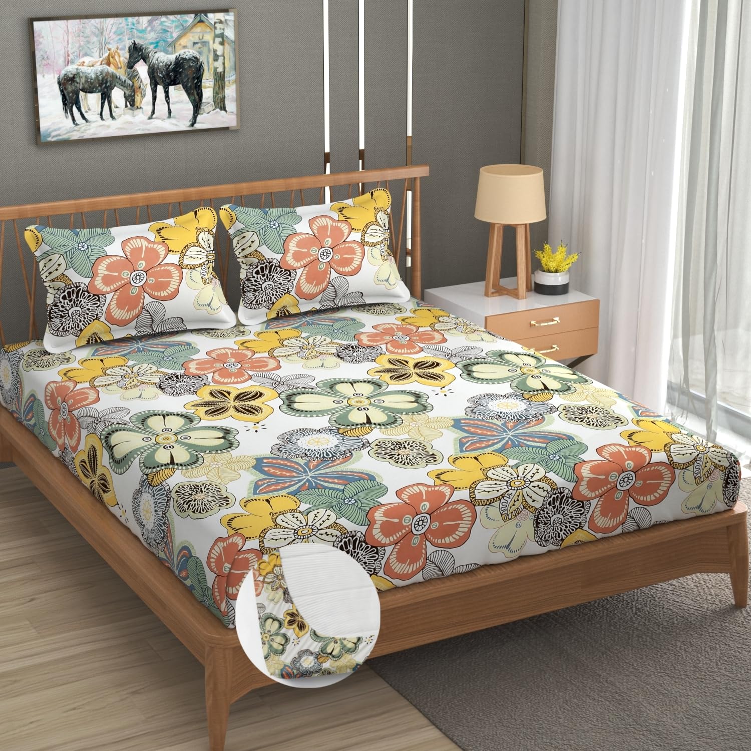 Premium Heavy Cotton Elastic Fitted King Size Bedsheet With 2 Pillow Covers - 72 X 78 X 10 Inches, Multicolor | All Weather Comfort & Bedroom