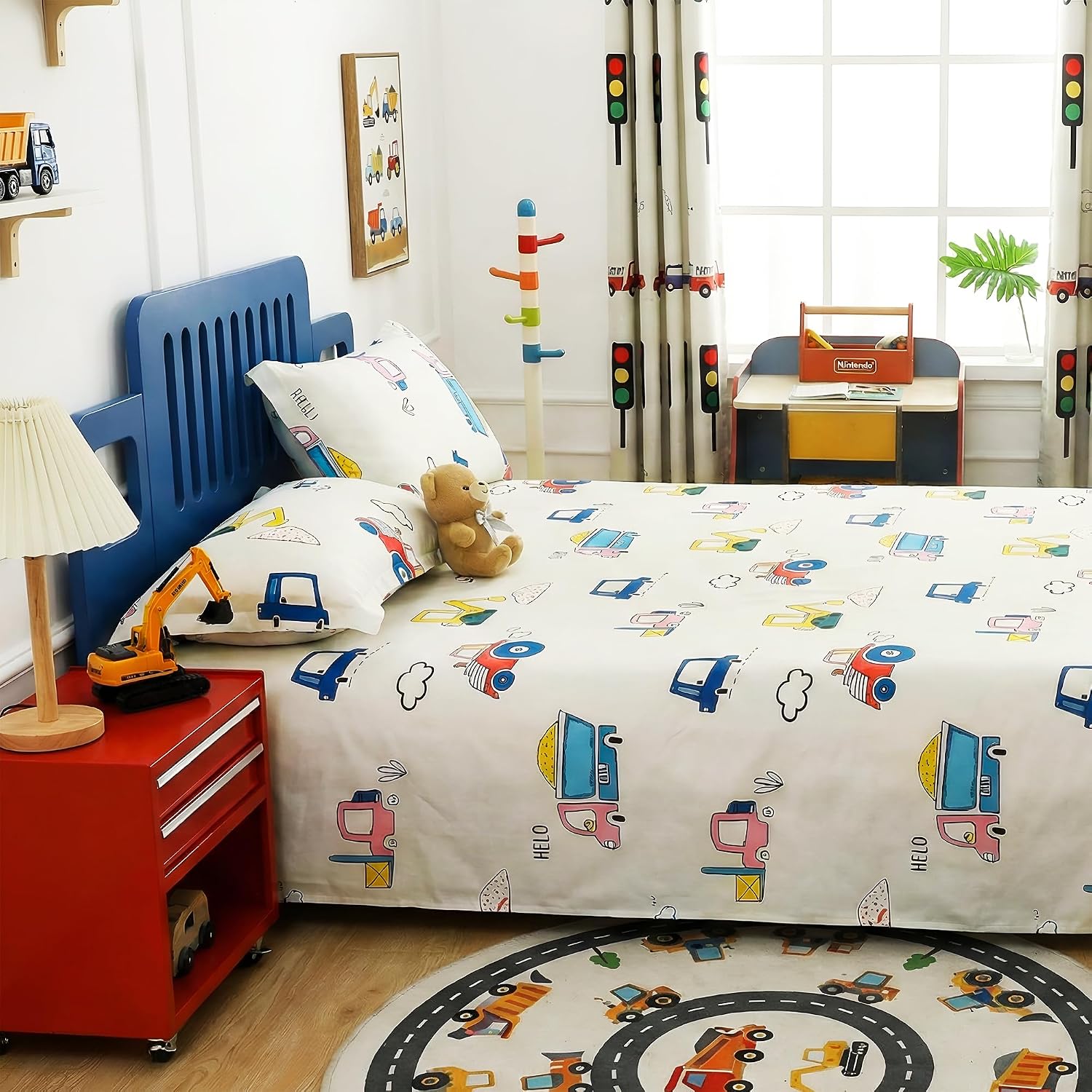 Kids Double Bed Bedsheet Set With 2 Pillow Covers - 88 X 100 Inches, Cream & Blue | Soft Bedding For Boys & Girls | Cartoon Design