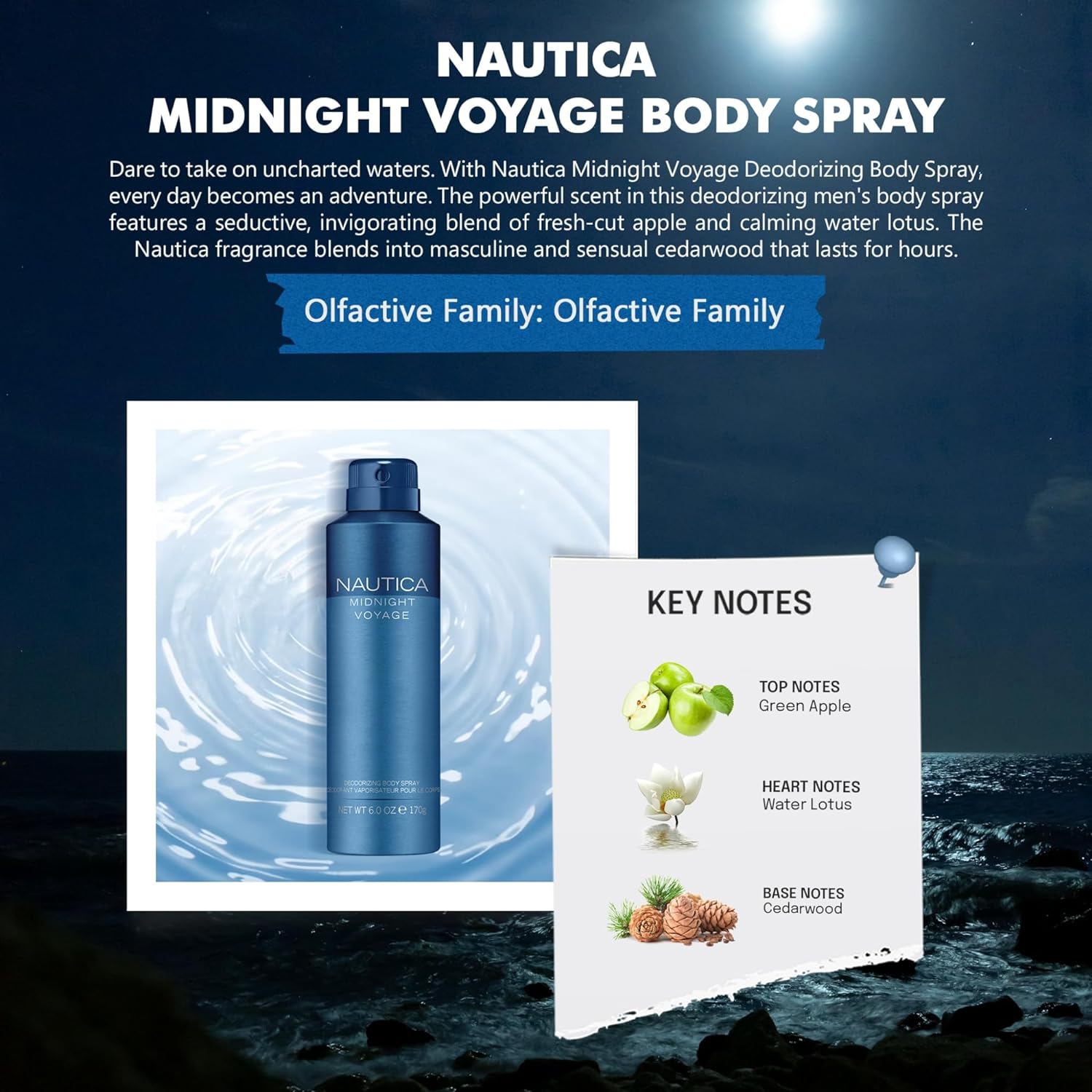 Nautica Midnight Voyage Deodorizing Body Spray 170gm 6.0 Oz. Men Fragrance | Long Lasting