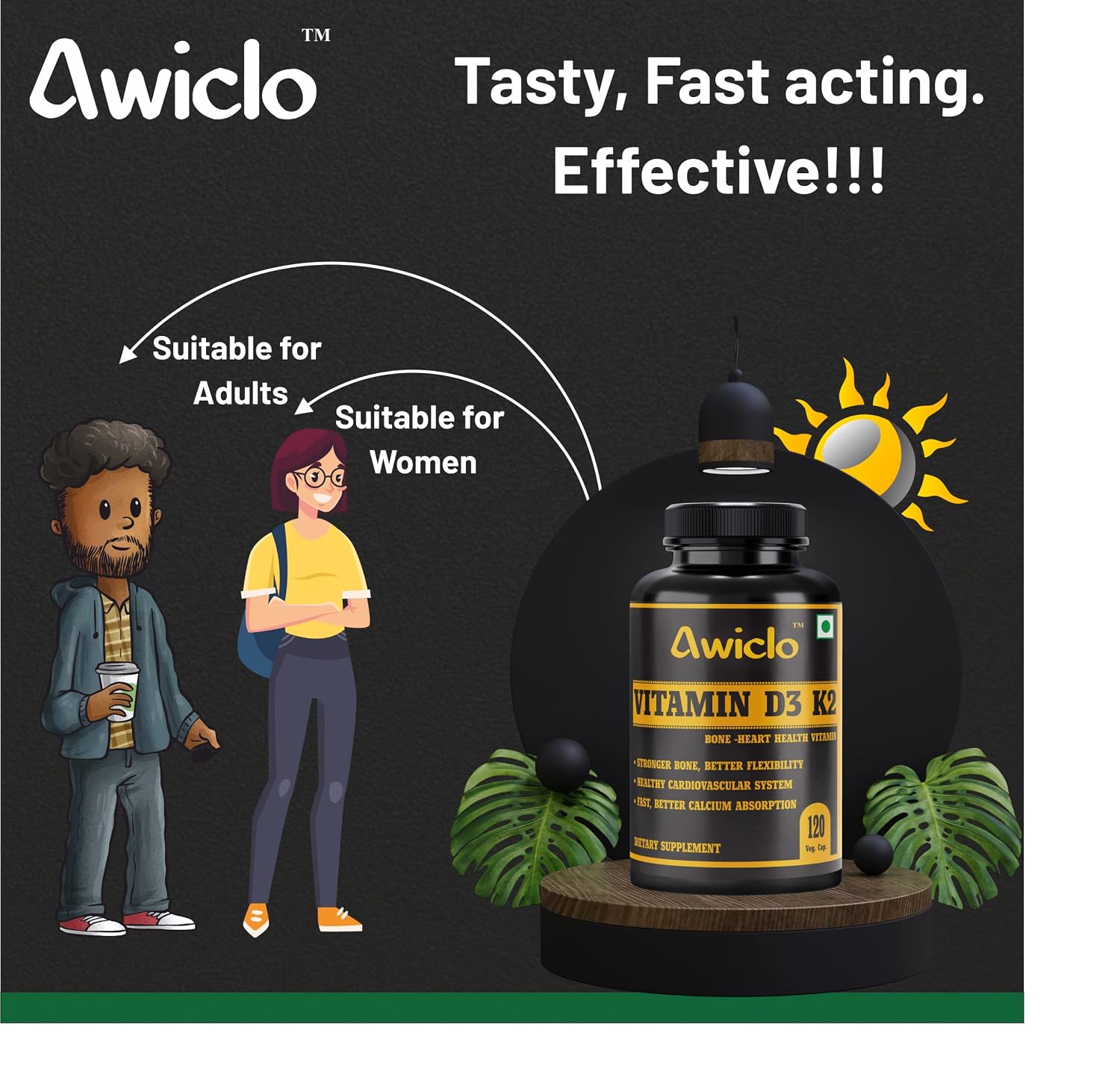Awiclo Plant Based Organic Vitamin D3 Vitamin D3 + K2 Capsules, Vitamin K2-7 To Support Bone & Heart Health | For Men & Women | 120 Capsules , 200gm 0.4lbs