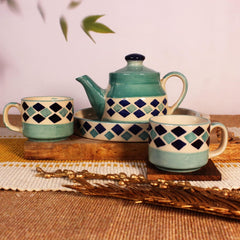 Hand Painted Turquoise Checkered Tea Set With Kettle | Ceramic Tea Kettle Set With 2 Cups, 150ml Each + 1 Kettle, 400ml + 1 Tray | 4 Pieces - Microwave Safe & Dishwasher Safe