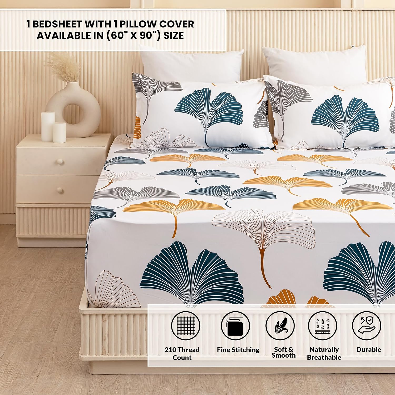 Luxurious Leaf Printed Flat Bedsheets With 1 Pillow Cover - 60 X 90 Inches, White & Grey | Breathable & Wrinkle Free | Soft & Durable