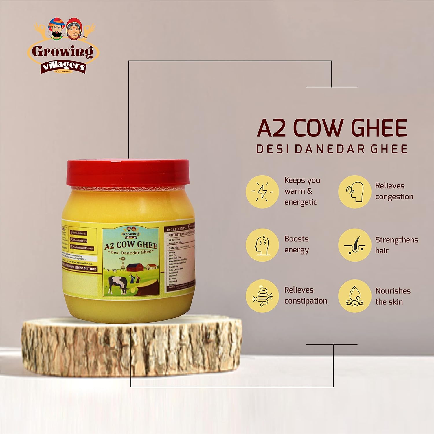 Pure A2 Cow Ghee By Growing Villagers | Good Source Of Energy Healthy & Nutrients Desi Danedar Ghee Roast Makhana | (500ml) 16.9 Ounce | Jar Pack