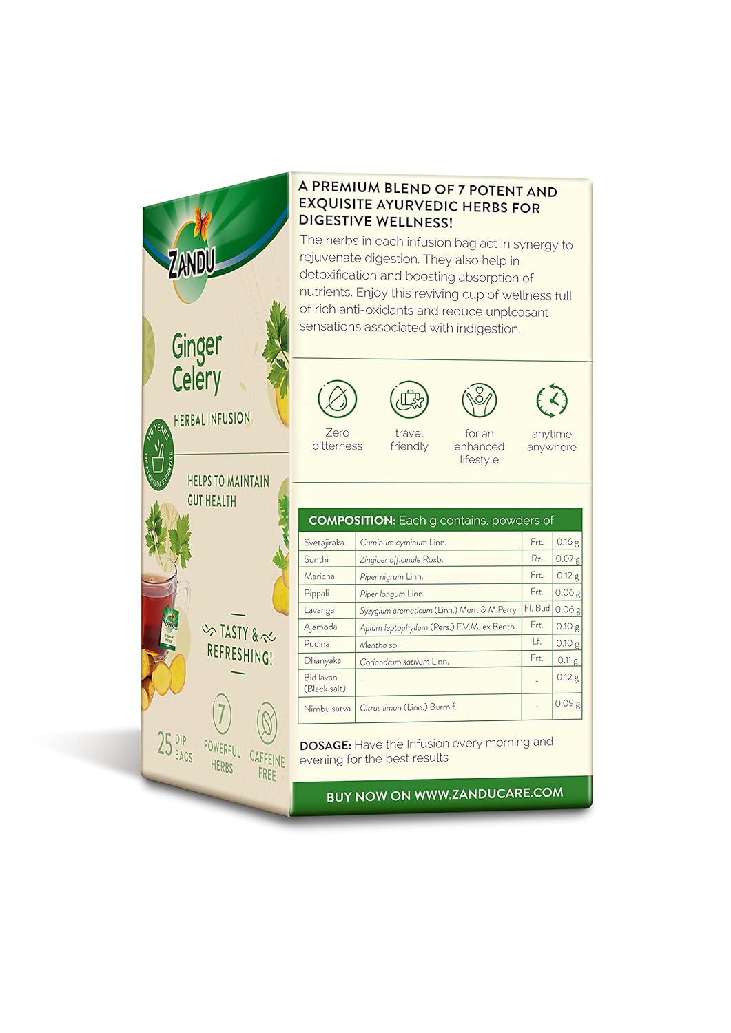 Zandu Ginger Celery Herbal Infusion Green Tea - 25 Tea Bags | Maintains Gut Health - Aids In Metabolism & Detoxification | Enriched With 7 Powerful Herbs - Caffeine Free