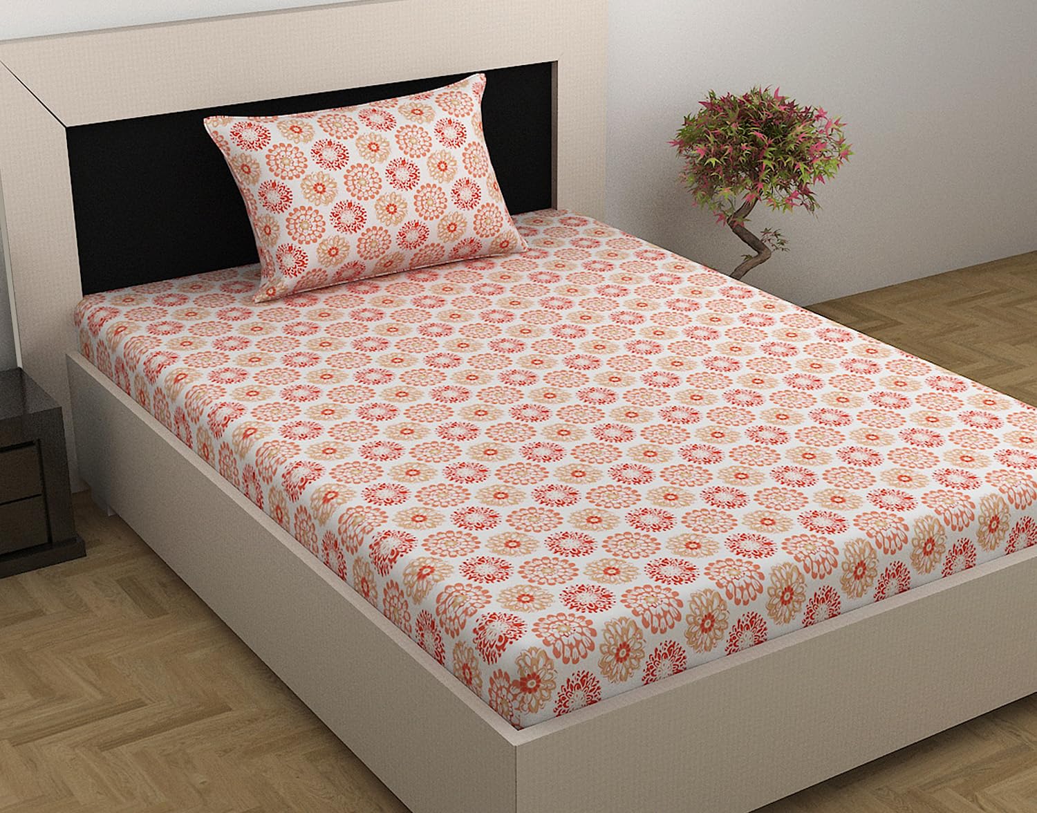100% Cotton Single Bedsheet With 1 Matching Pillow Covers - 57 X 87 Inches, White & Red Orange | All Weather Comfort & Bedroom - Softness & Natural Breathability