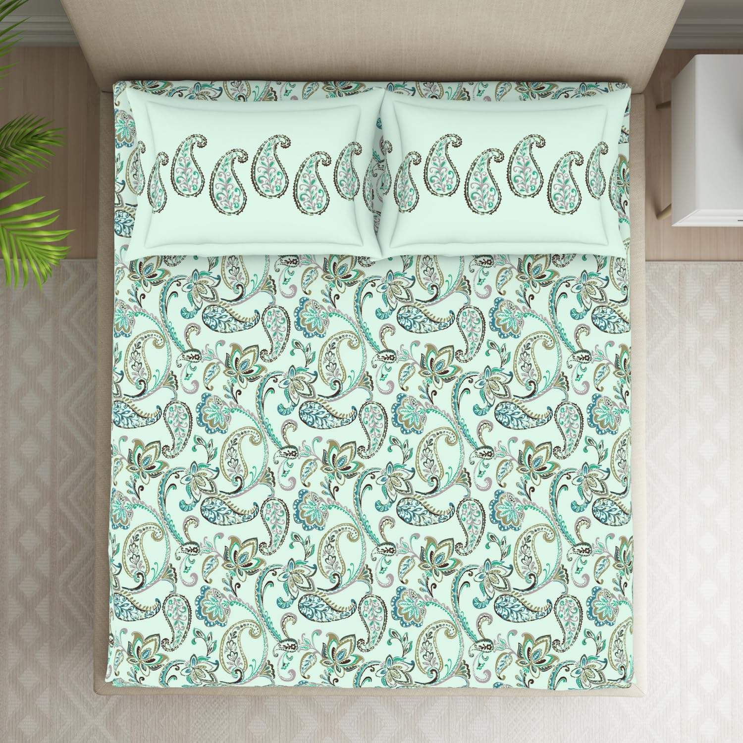 Double Bedsheet With 2 Pillow Covers (Size 88 X 100 Inch) Light Blue | Breathable Pure Cotton Queen Size Bedsheet | Floral Design Bedsheet