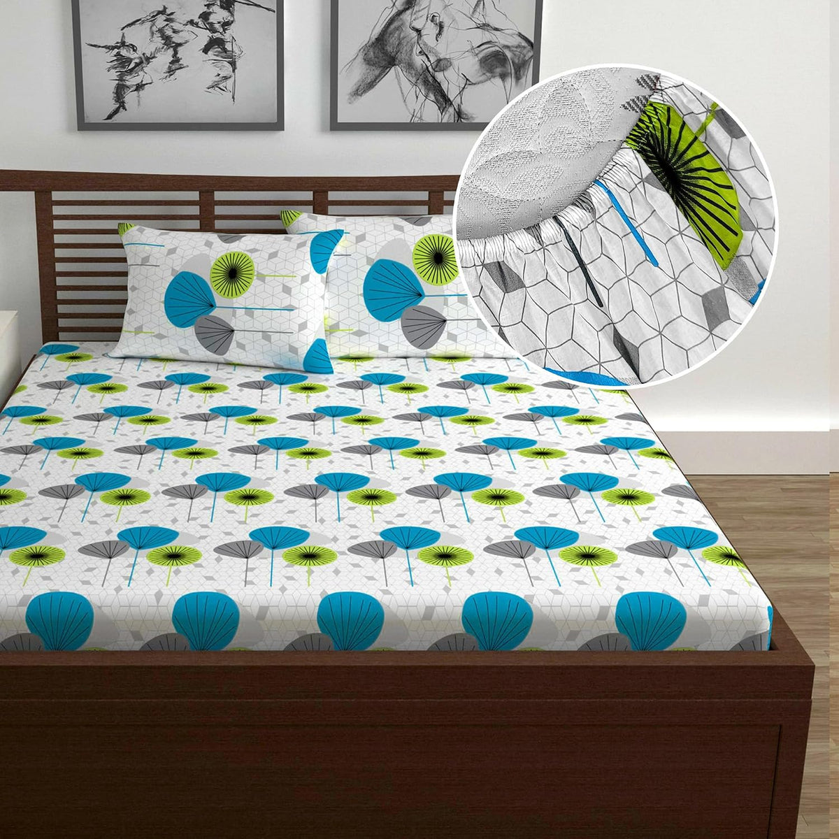 Double Bedsheet For Queen Size With 2 Pillow Covers - 60 X 78 Inches, White & Sky Blue | All Around Elastic Fitted Soft, Lightweight & Breathable Cotton Bedsheet