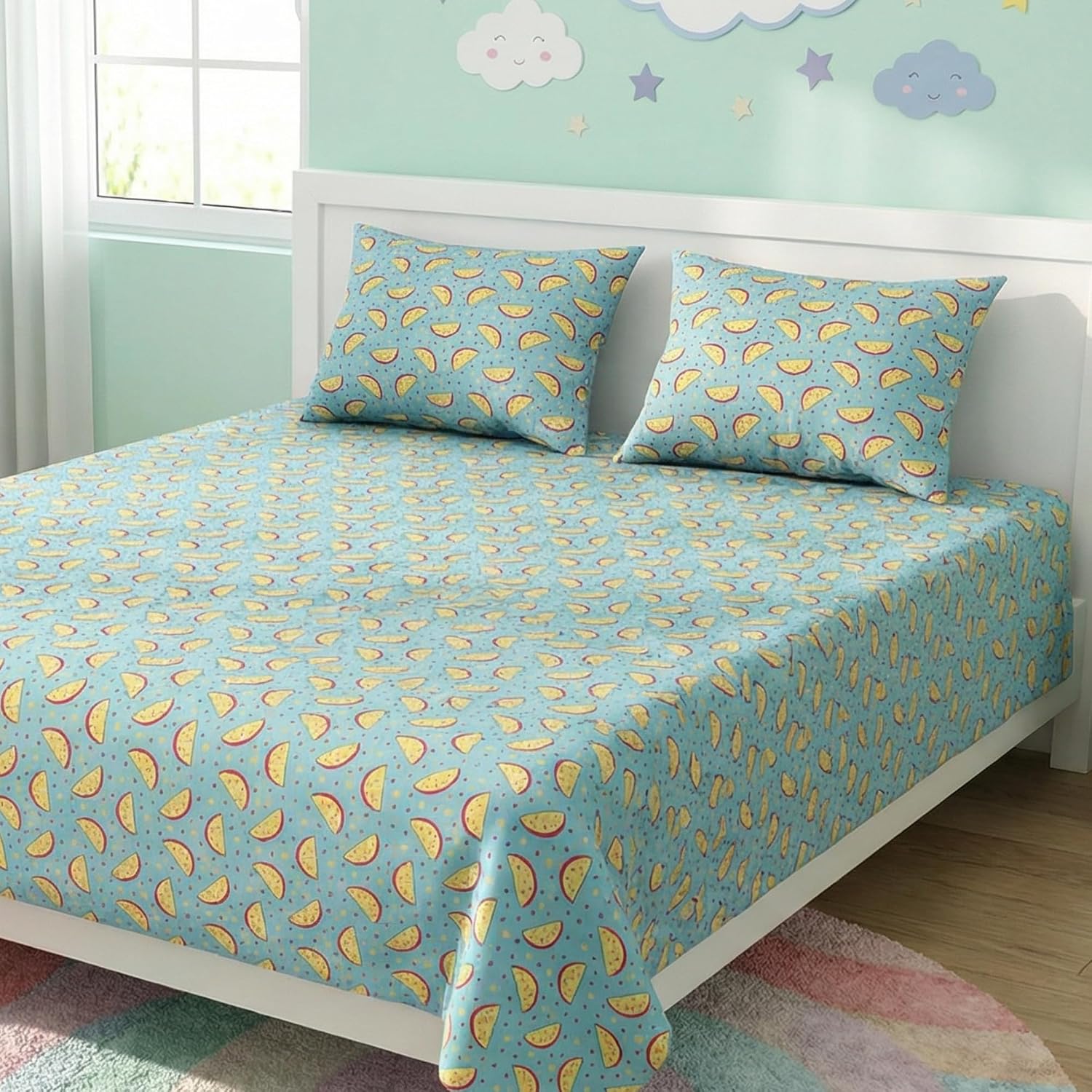 Pure Cotton Kids Bedsheet Double Bed Queen Size With 2 Pillow Covers | 90 X 100 Inches, Sky Blue | Fun Cartoon Theme, Soft & Breathable Fabric