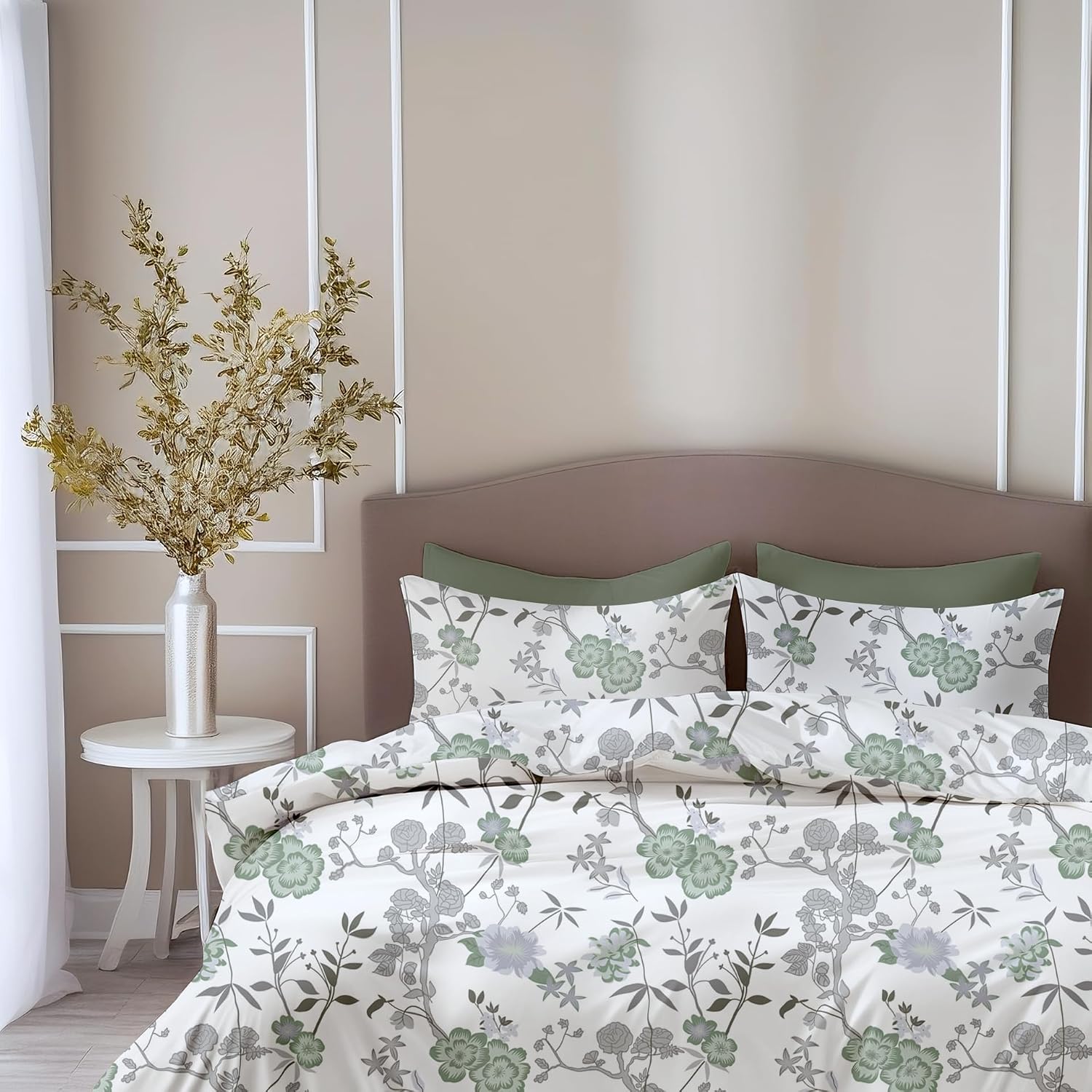 Printed Cotton King Size Bedsheet With 2 Pillow Covers | 104 X 104 Inches, Sage Green & White | Durability, Breathability, Softness, & Easy Maintenance