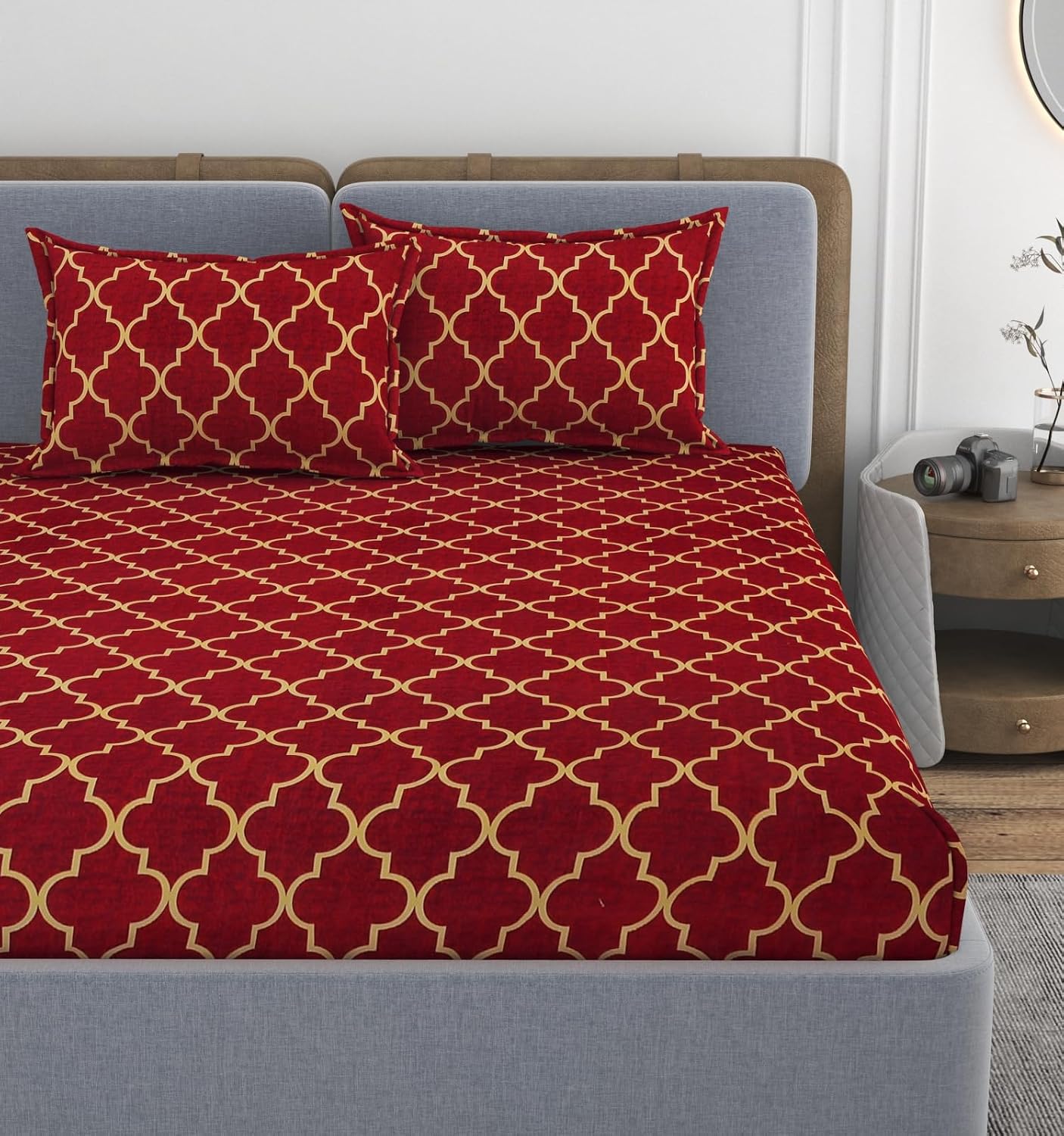 Printed Double Bedsheet With 2 Matching Pillow Covers - 72 X 78 X 10 Inches, Maroon | All Around Elastic Fitted King Size Bedsheets | Ideal For Home, Hotel, Bedroom