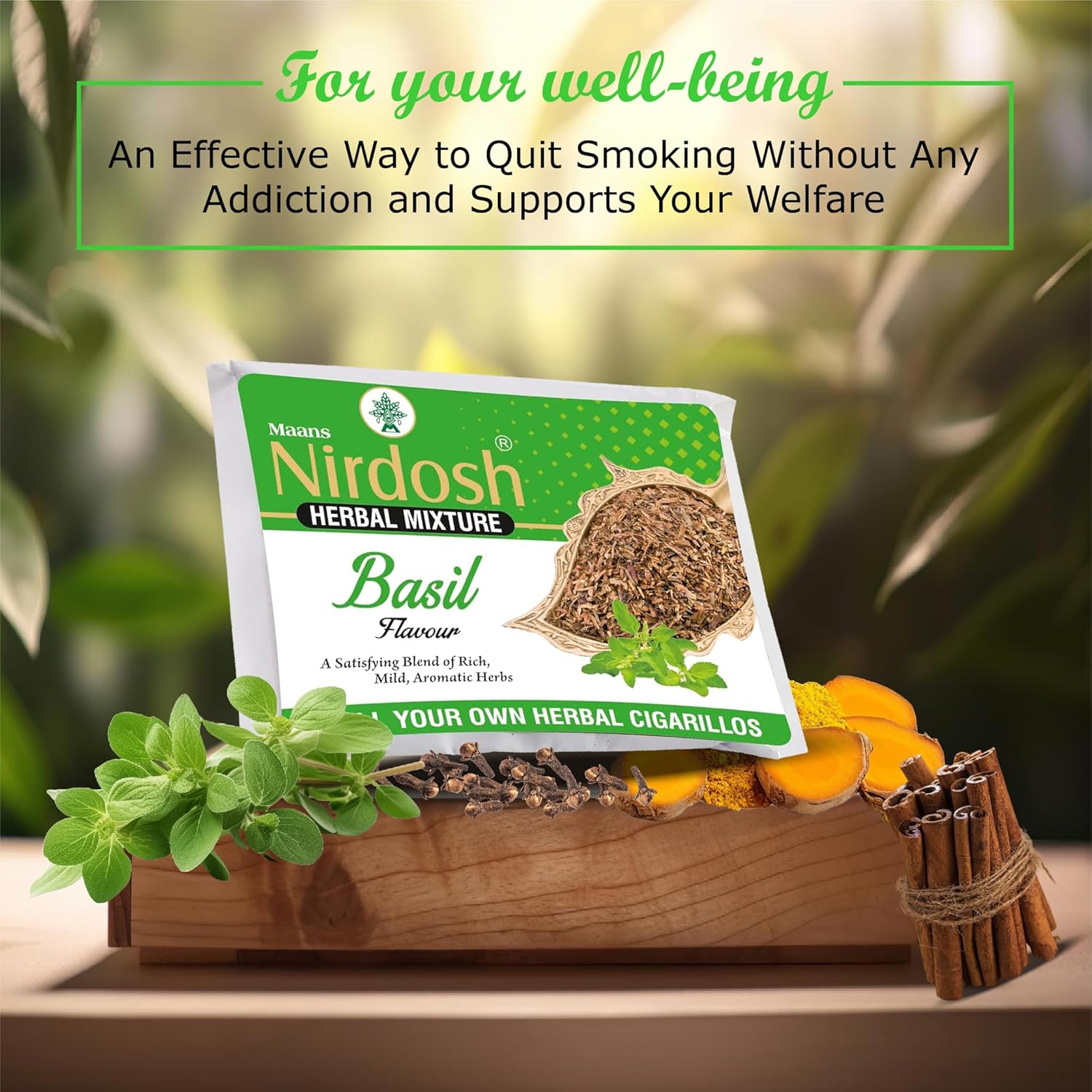 Organic Herbal Raw Mixture With Basil Flavour - Pack Of 4X 50gm | Roll Your Own Herbal Cigarillos - Smoking Mixture With Ayurvedic Herbs Clove | Tobacco Free & Nicotine Free