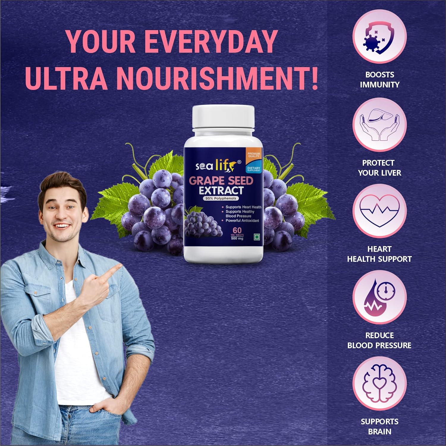 Sea Life Grape Seed Extract 500mg Antioxidant Supplement Strengthens Immunity, Helps Fight Infections, Promotes Healthy Skin And Hair For Women & Men | 60 Tablets 100gm 0.2lbs