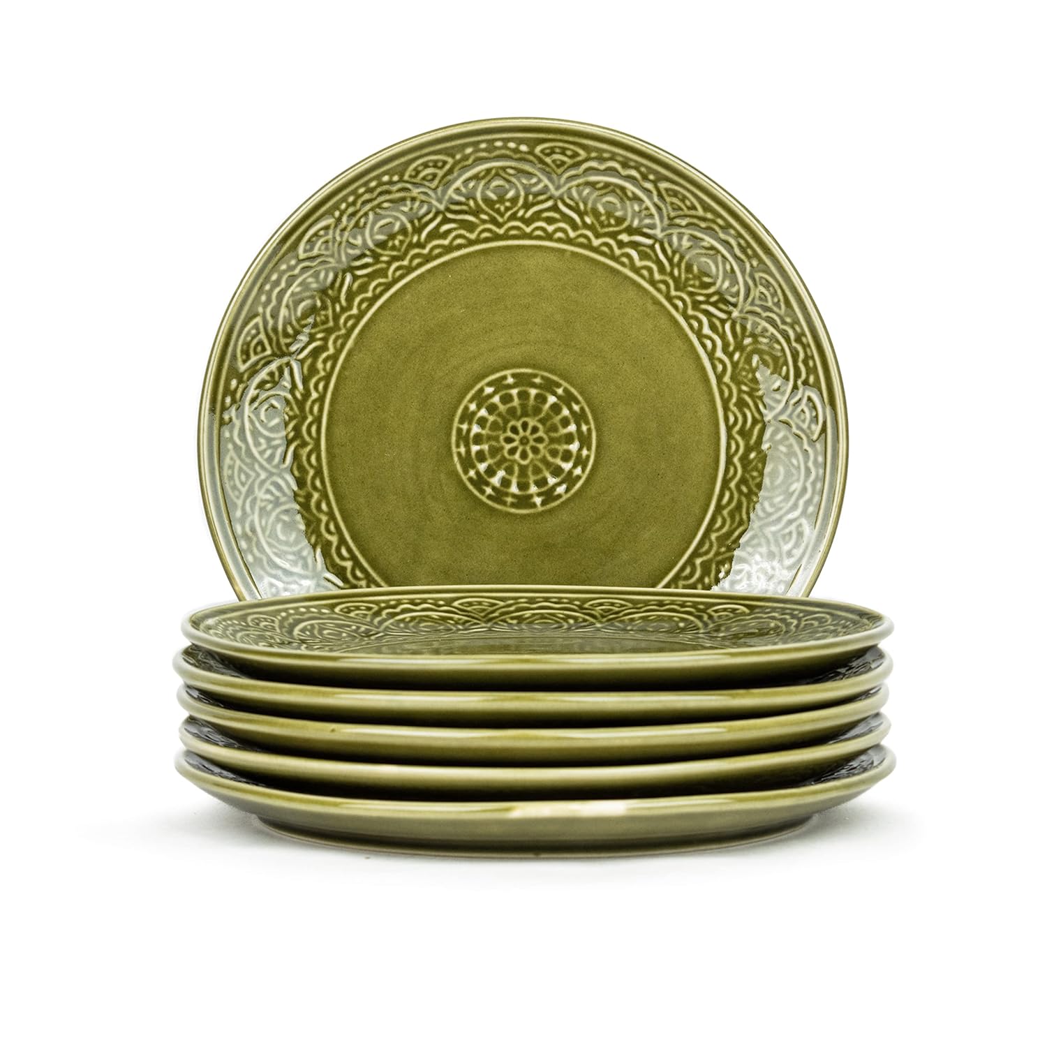Ceramic Carving Dinner Set Of 12 Pcs, Mehndi Green | Crockery Set For Dining Table - Glossy Finish Premium Stoneware | 6 Dinner Plates + 6 Veg Bowls, 160ml Each
