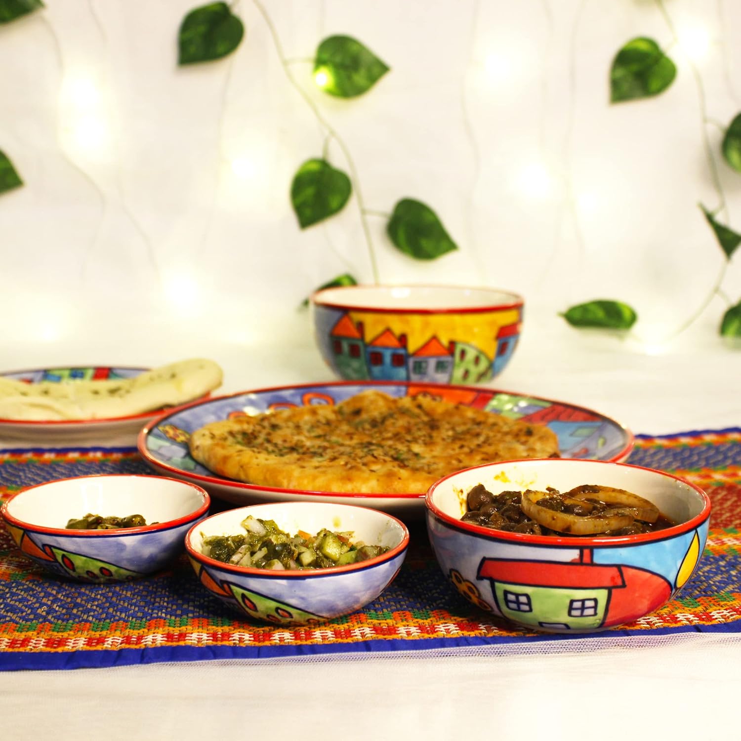 Exotic Panorama Hand Painted Ceramic Dinner Set - 10 Pieces, Multicolor | 4 Dinner Plates + 4 Katori Bowls, 180ml Each+ 2 Serving Bowls, 800ml Each Dinnerware Set | Serving For 4, Microwave Safe